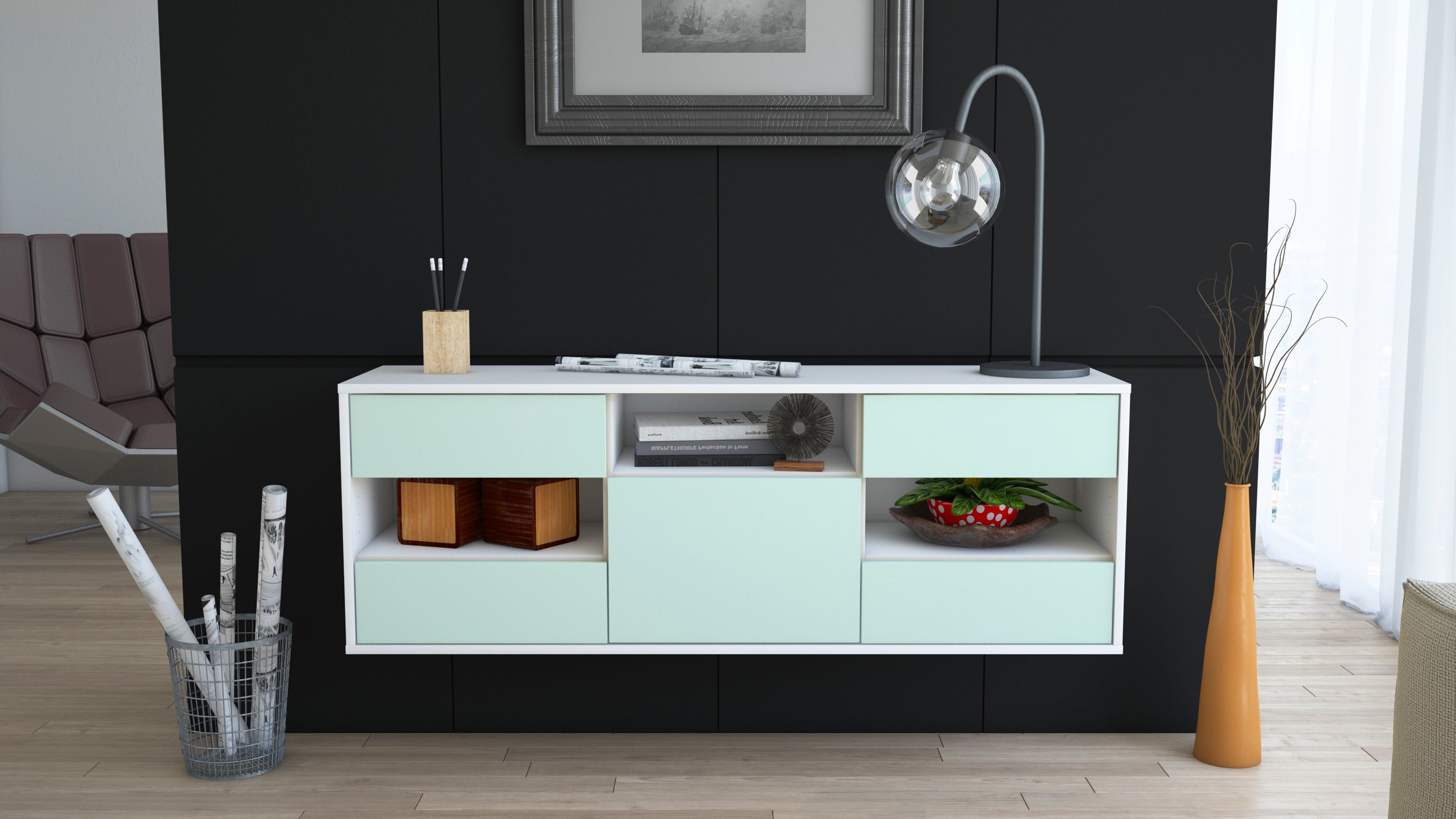 Lowboard - Annunziata - Design Farbakzent - Wandmontage mit Push to Open 136 cm Weiss
