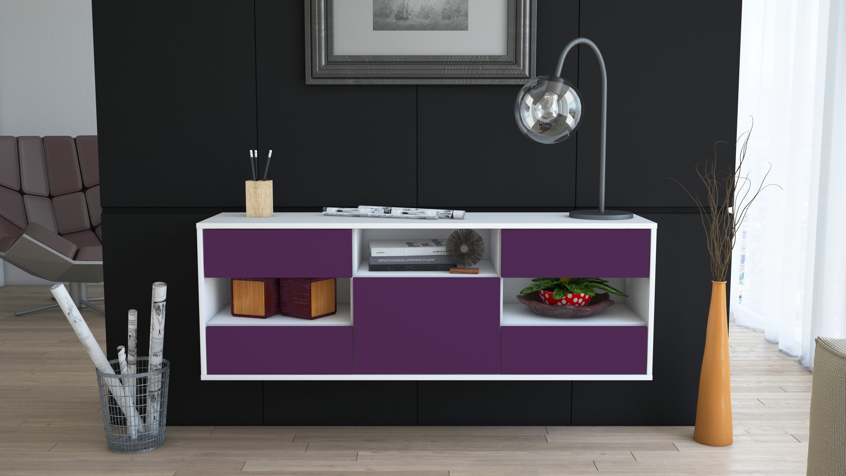 Lowboard - Annunziata - Design Farbakzent - Wandmontage mit Push to Open 136 cm Weiss