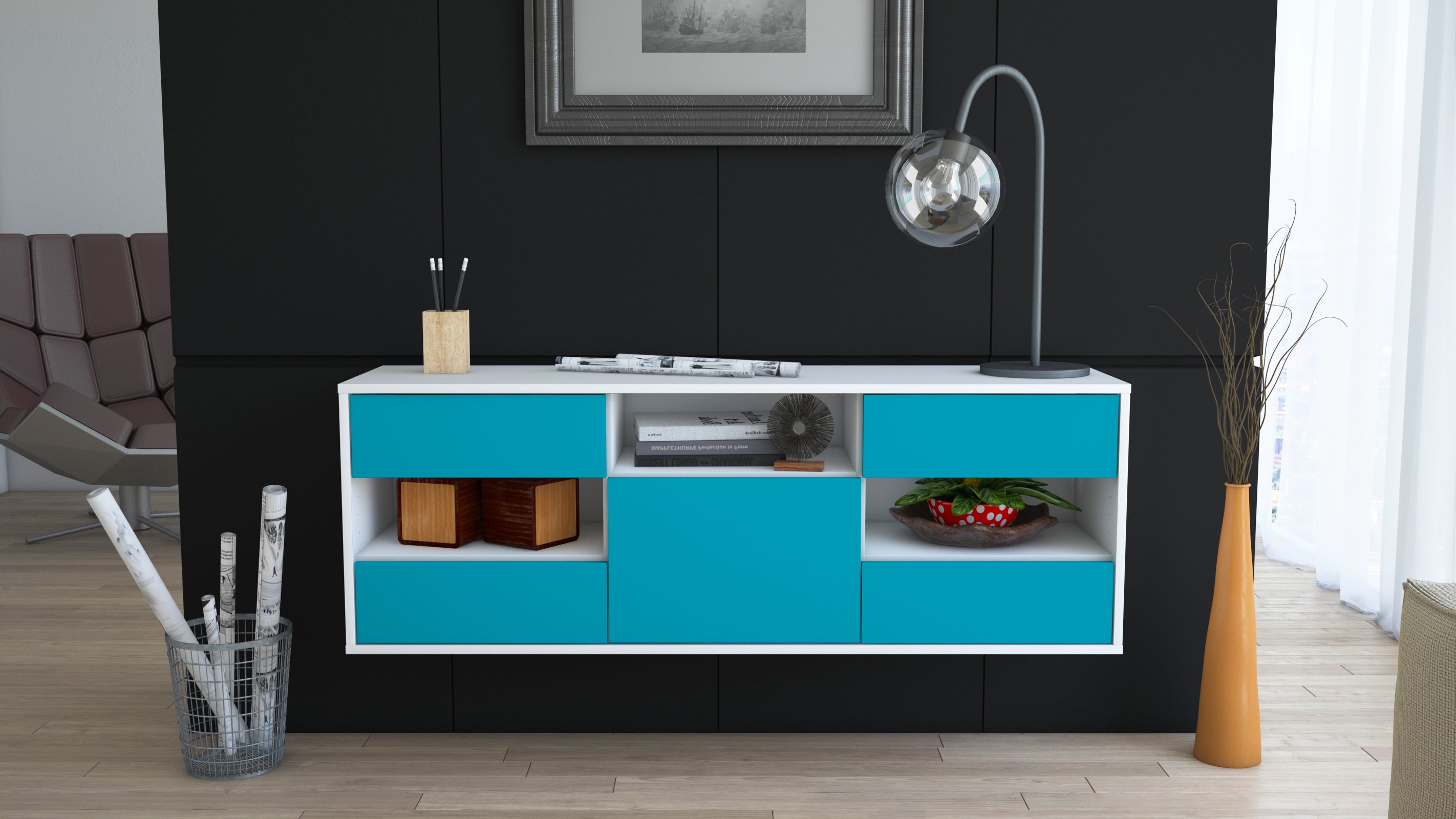 Lowboard - Annunziata - Design Farbakzent - Wandmontage mit Push to Open 136 cm Weiss