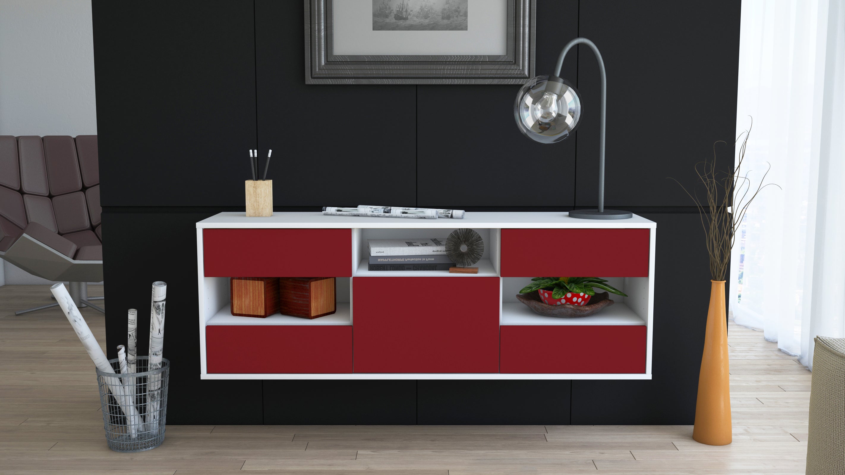 Lowboard - Annunziata - Design Farbakzent - Wandmontage mit Push to Open 136 cm Weiss