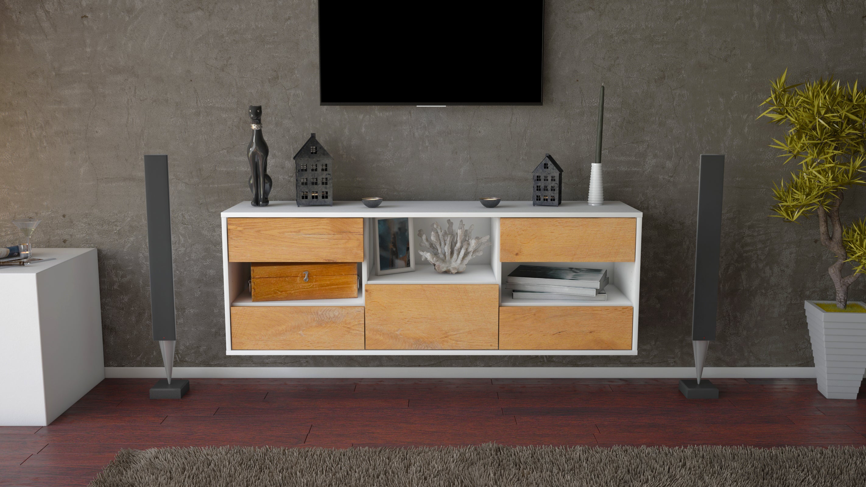 Lowboard - Antonella - Design Holzdekor - Wandmontage mit Push to Open 136 cm Weiss