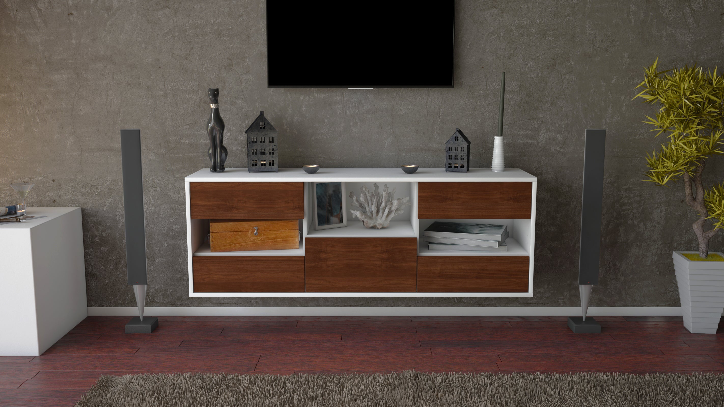 Lowboard - Antonella - Design Holzdekor - Wandmontage mit Push to Open 136 cm Weiss