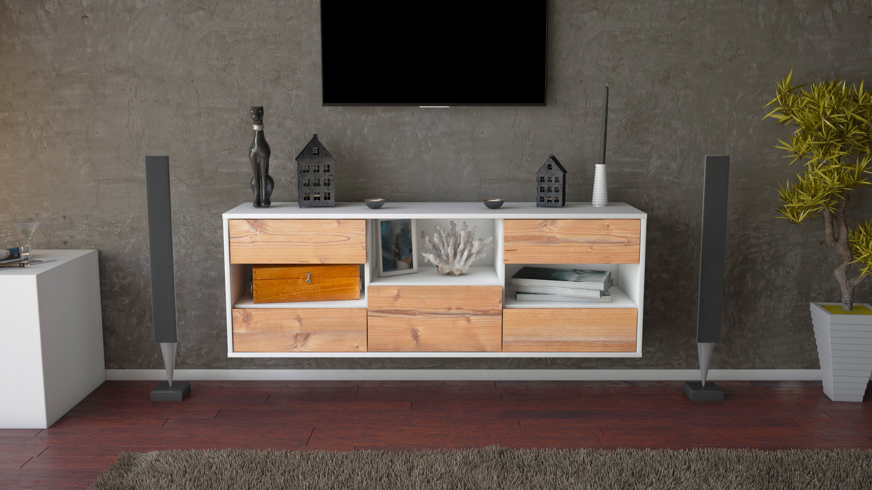 Lowboard - Antonella - Design Holzdekor - Wandmontage mit Push to Open 136 cm Weiss
