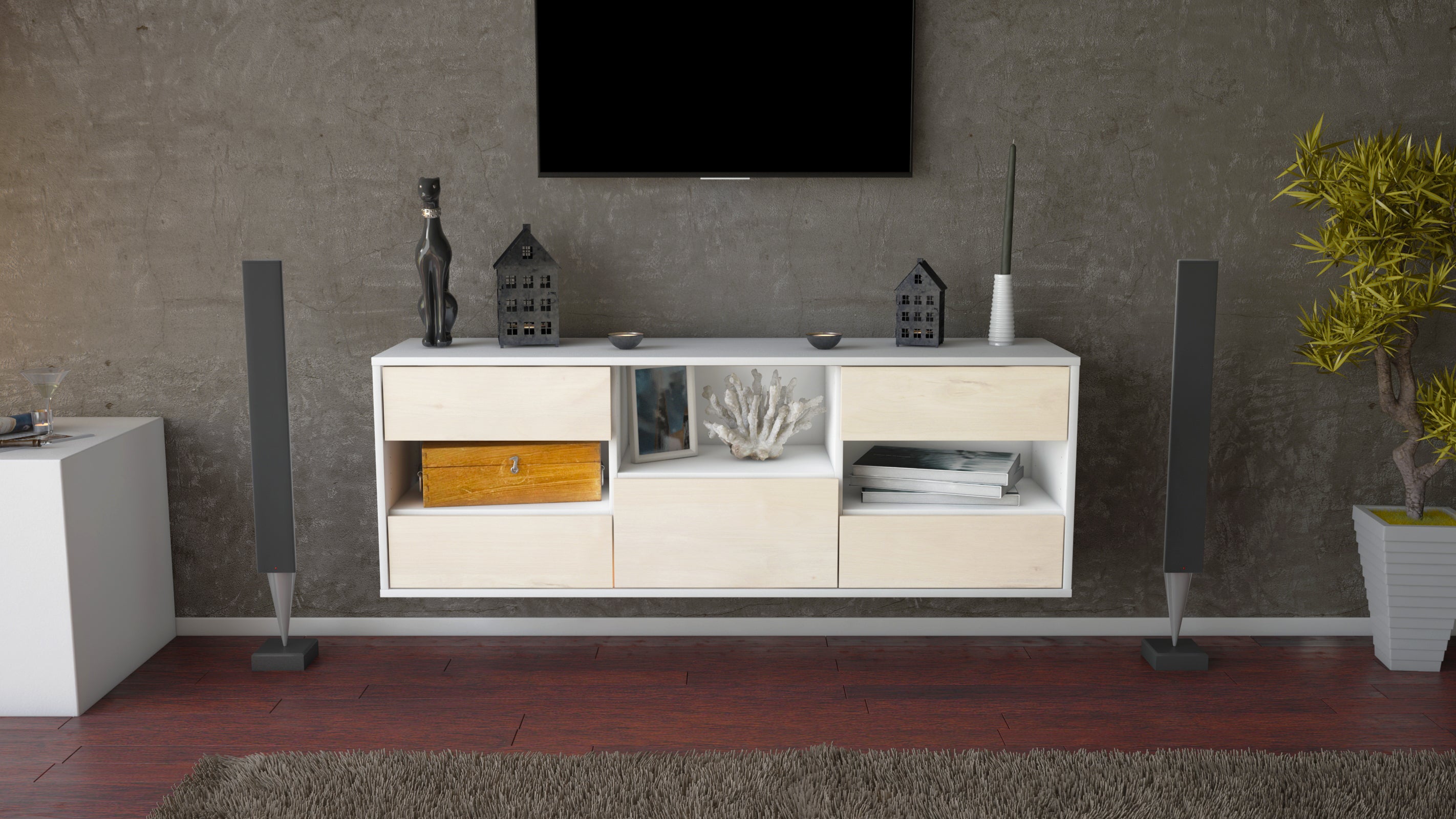 Lowboard - Antonella - Design Holzdekor - Wandmontage mit Push to Open 136 cm Weiss