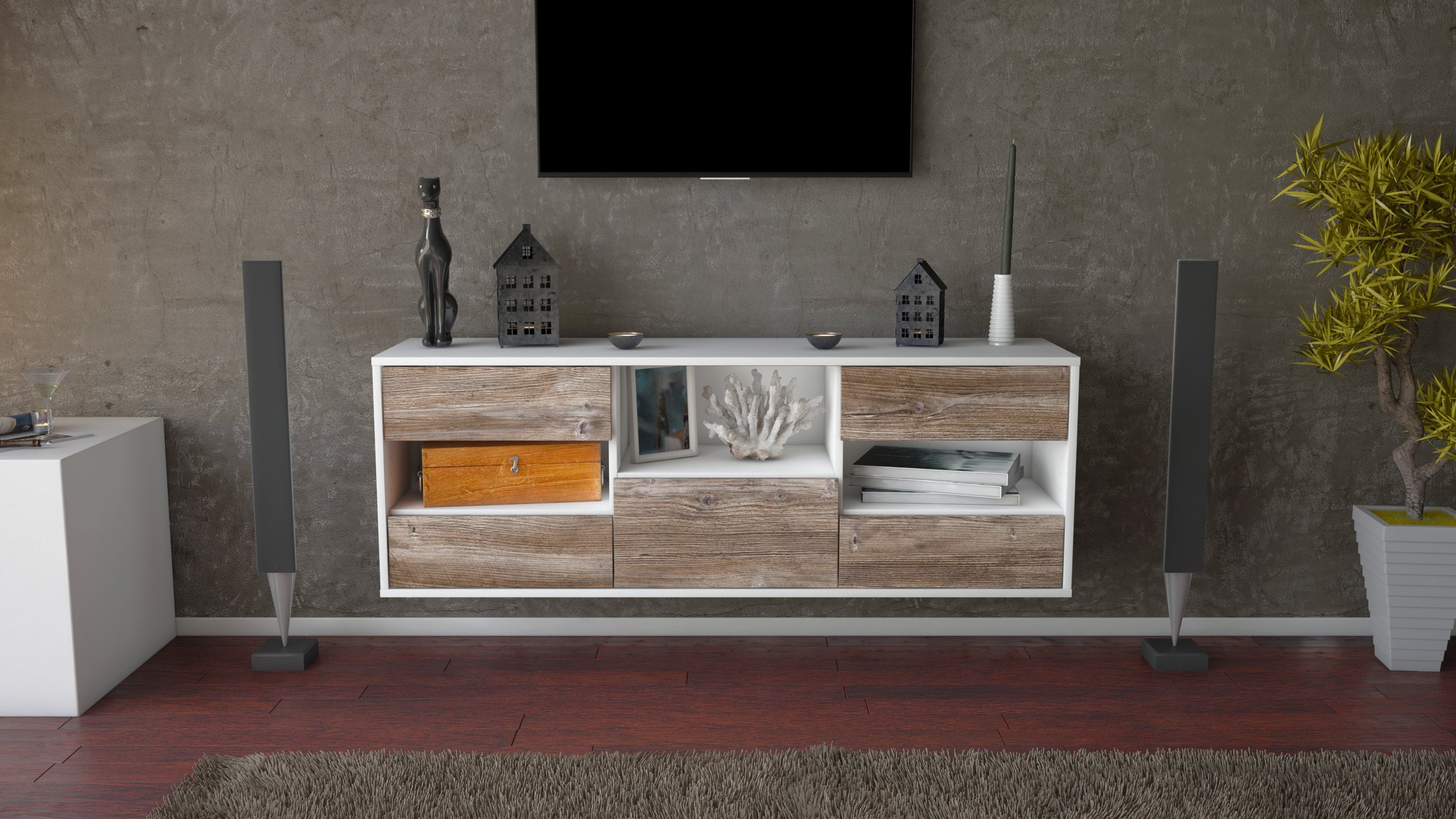 Lowboard - Antonella - Design Holzdekor - Wandmontage mit Push to Open 136 cm Weiss