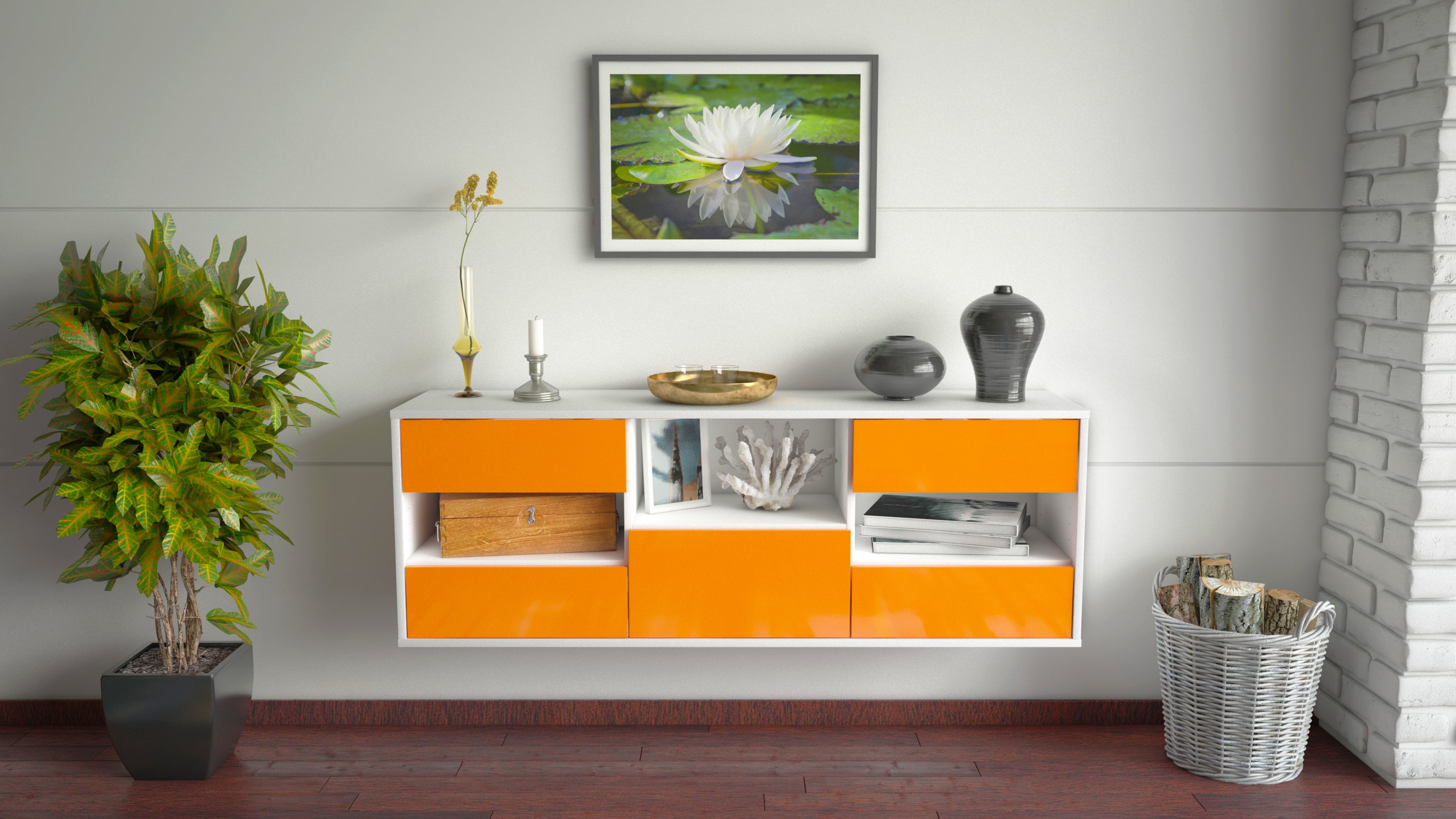 Lowboard - Antonella - Design Hochglanz - Wandmontage mit Push to Open 136 cm Weiss