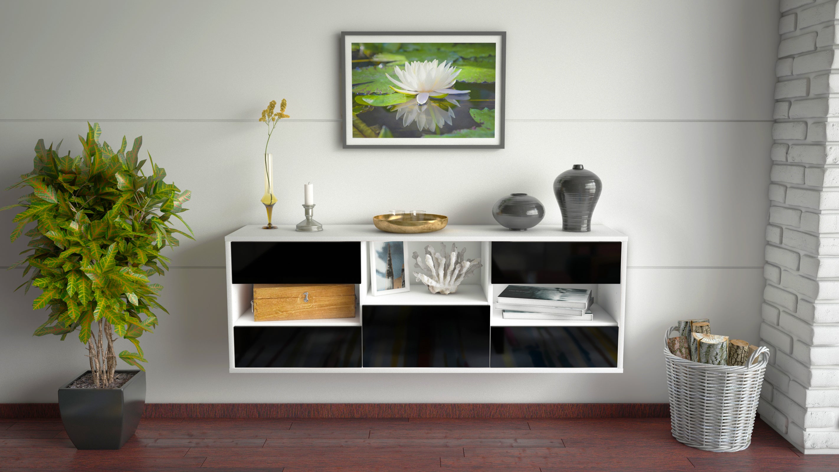 Lowboard - Antonella - Design Hochglanz - Wandmontage mit Push to Open 136 cm Weiss