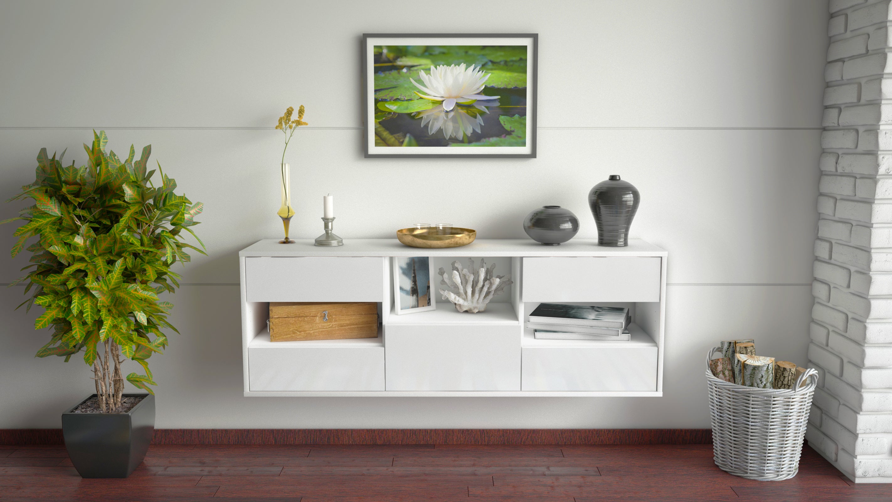 Lowboard - Antonella - Design Hochglanz - Wandmontage mit Push to Open 136 cm Weiss