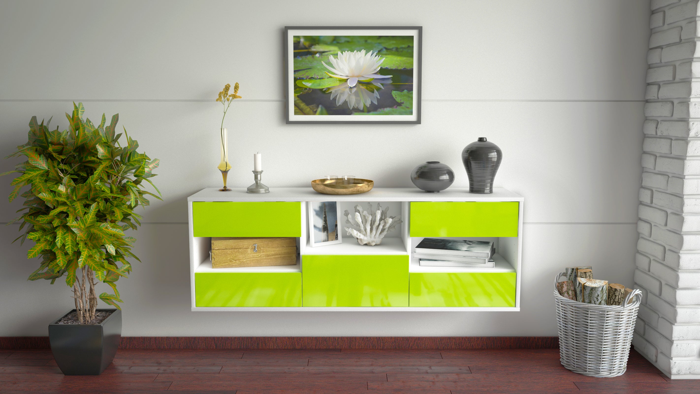 Lowboard - Antonella - Design Hochglanz - Wandmontage mit Push to Open 136 cm Weiss