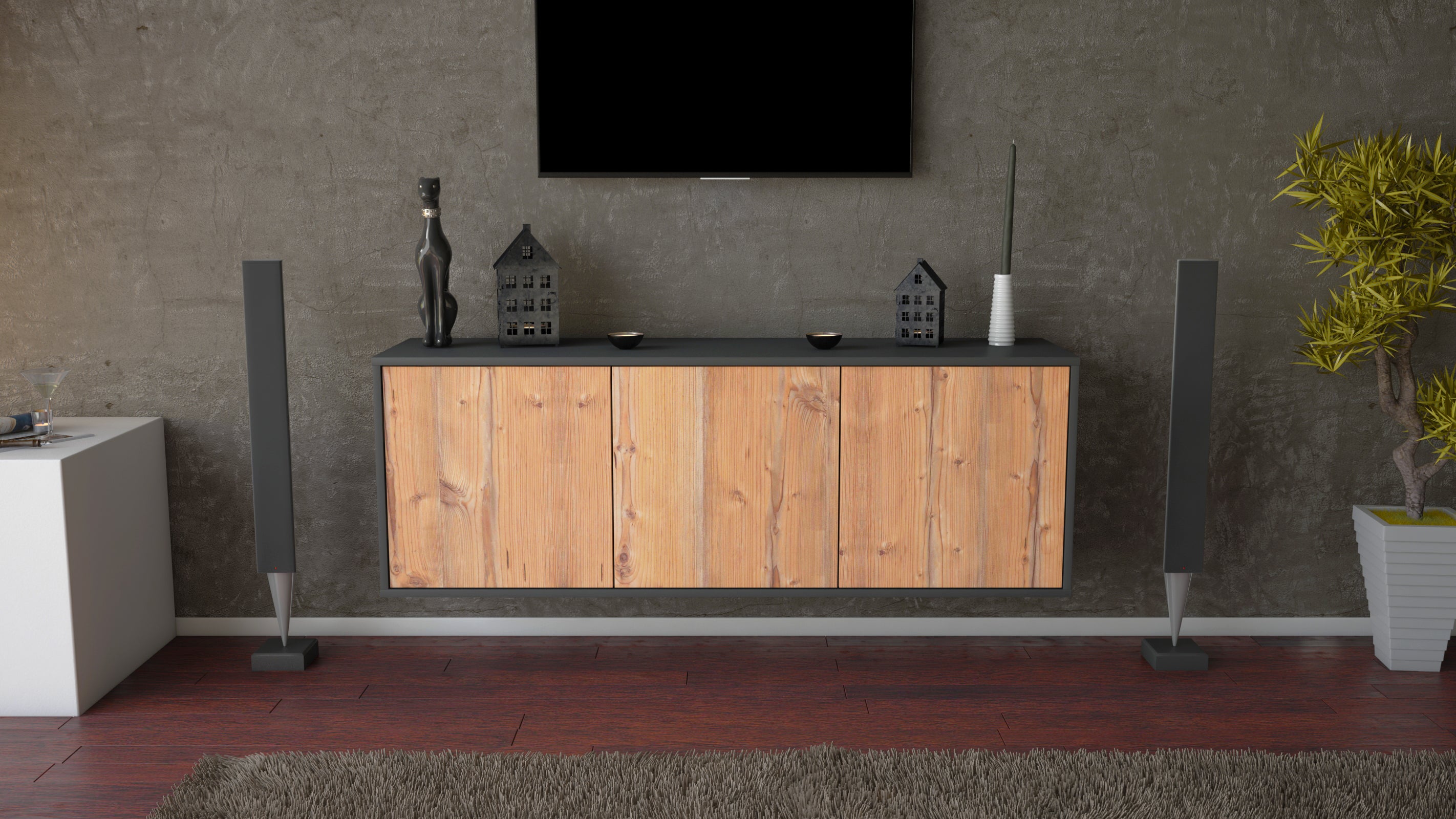 Lowboard - Allegra - Design Holzdekor - Wandmontage mit Push to Open 136 cm Anthrazit