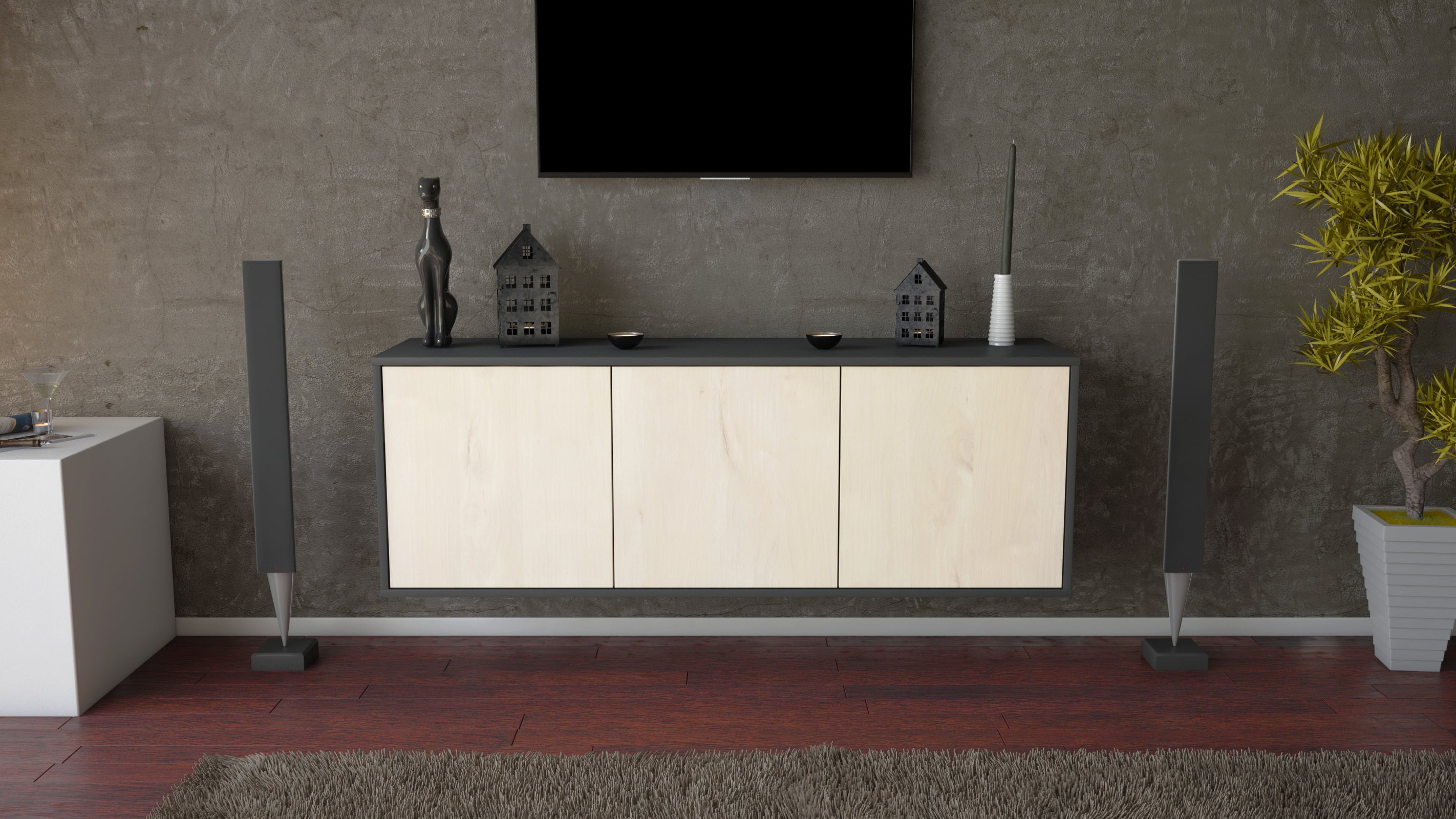 Lowboard - Allegra - Design Holzdekor - Wandmontage mit Push to Open 136 cm Anthrazit