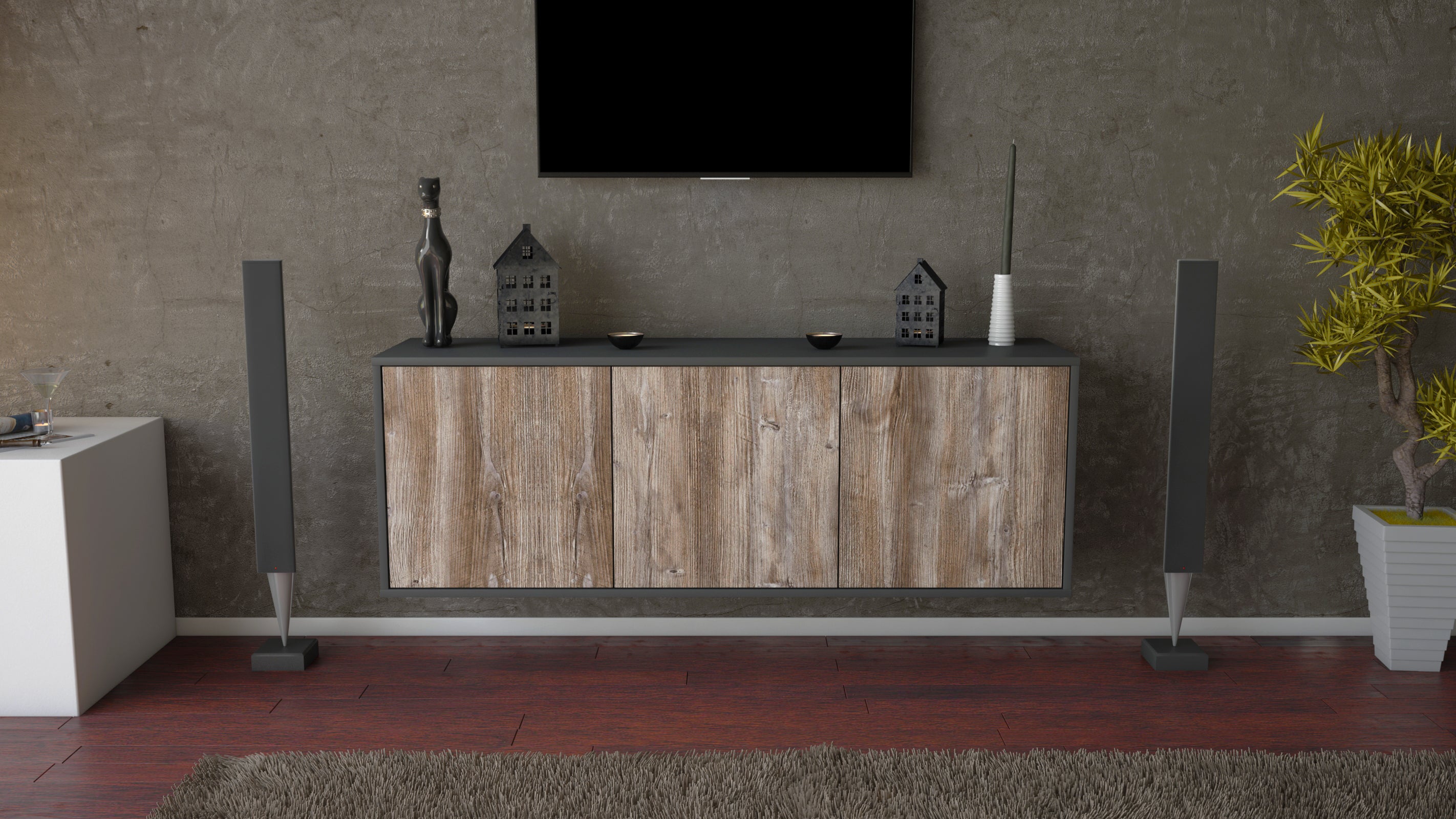 Lowboard - Allegra - Design Holzdekor - Wandmontage mit Push to Open 136 cm Anthrazit