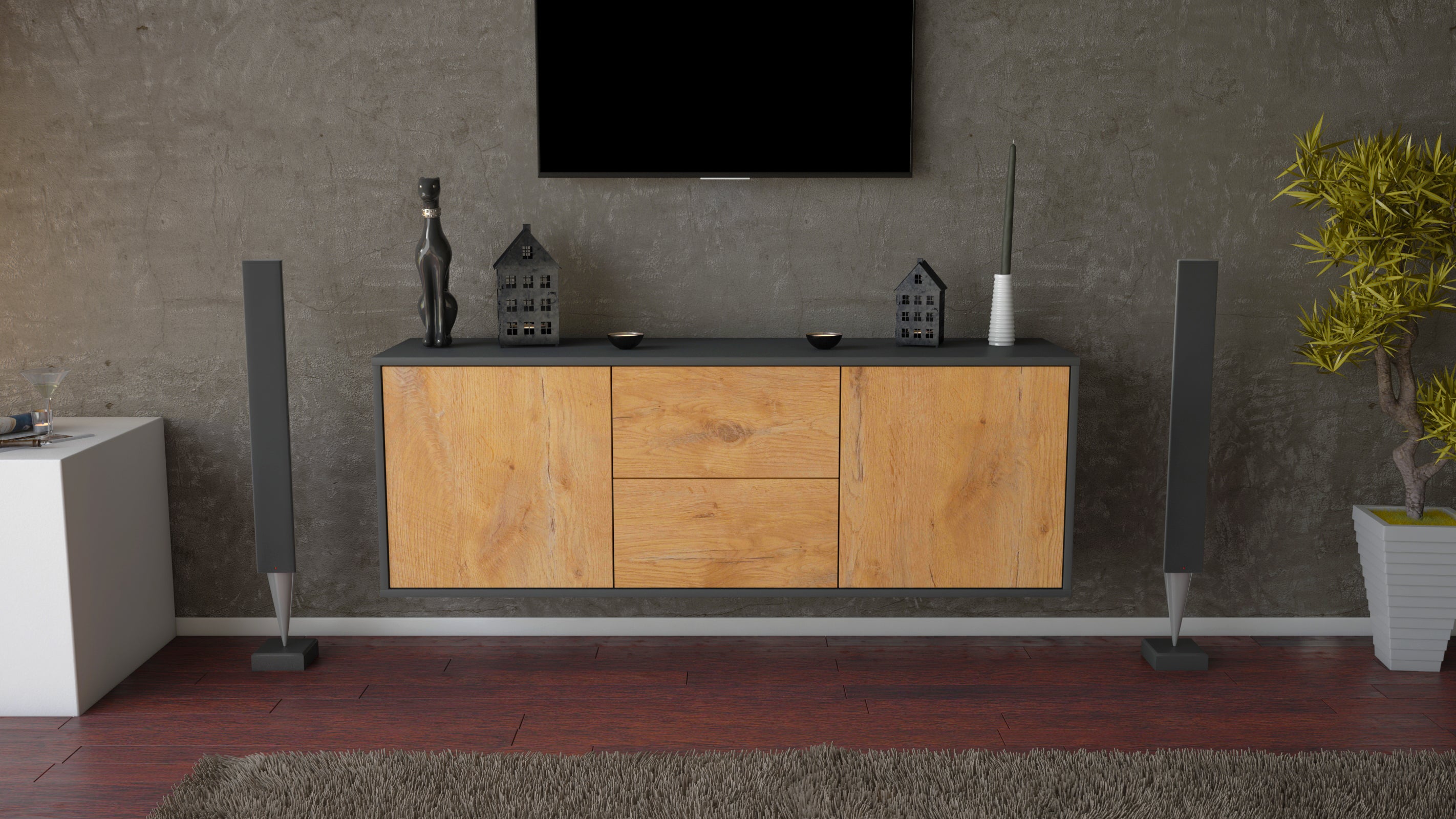 Lowboard - Alma - Design Holzdekor - Wandmontage mit Push to Open 136 cm Anthrazit