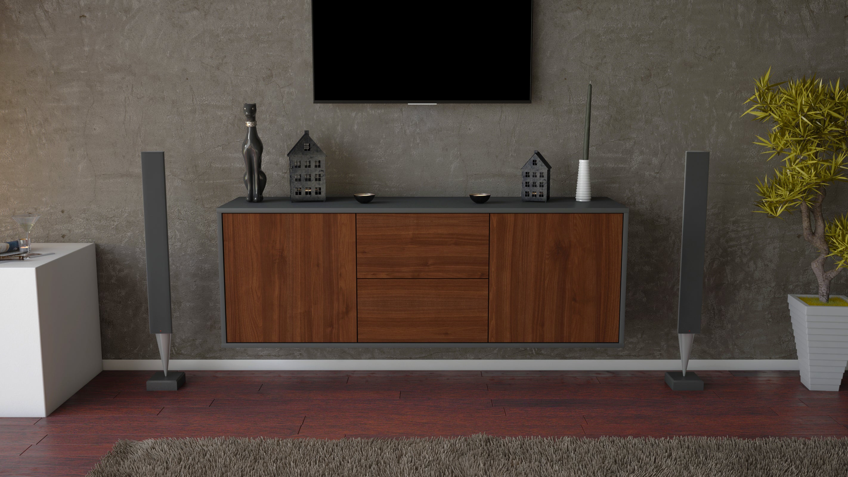 Lowboard - Alma - Design Holzdekor - Wandmontage mit Push to Open 136 cm Anthrazit