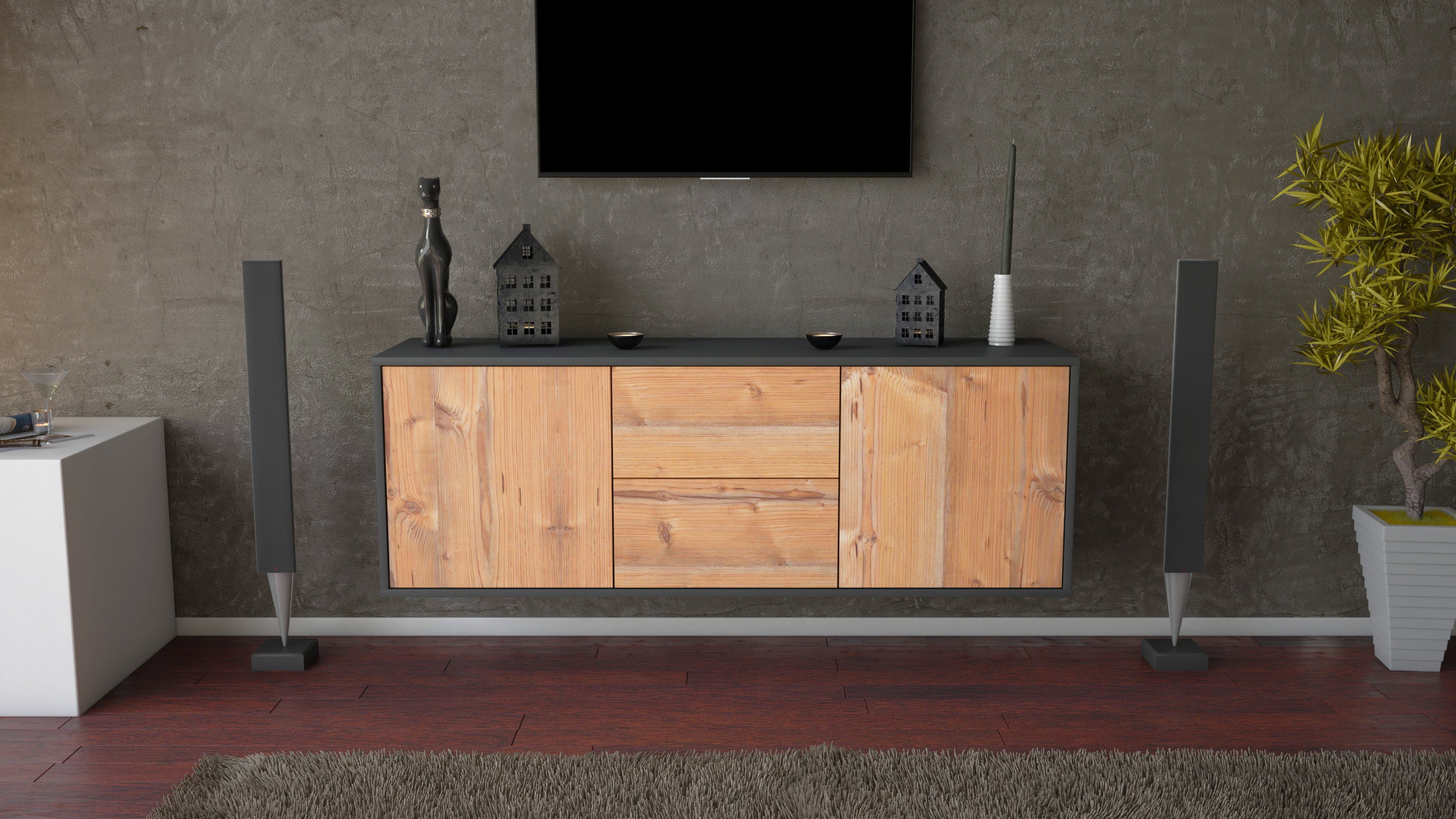 Lowboard - Alma - Design Holzdekor - Wandmontage mit Push to Open 136 cm Anthrazit