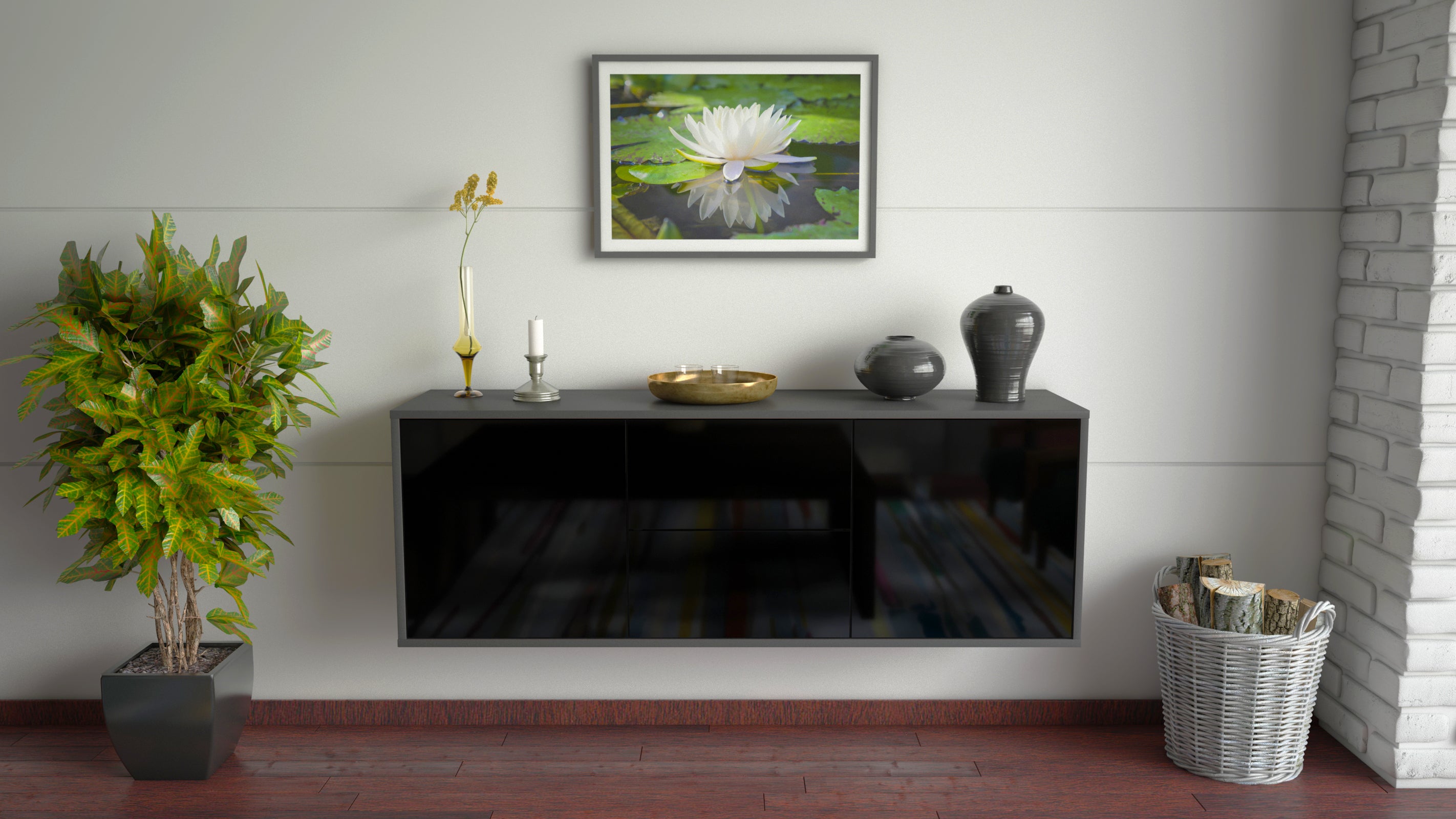 Lowboard - Alma - Design Hochglanz - Wandmontage mit Push to Open 136 cm Anthrazit
