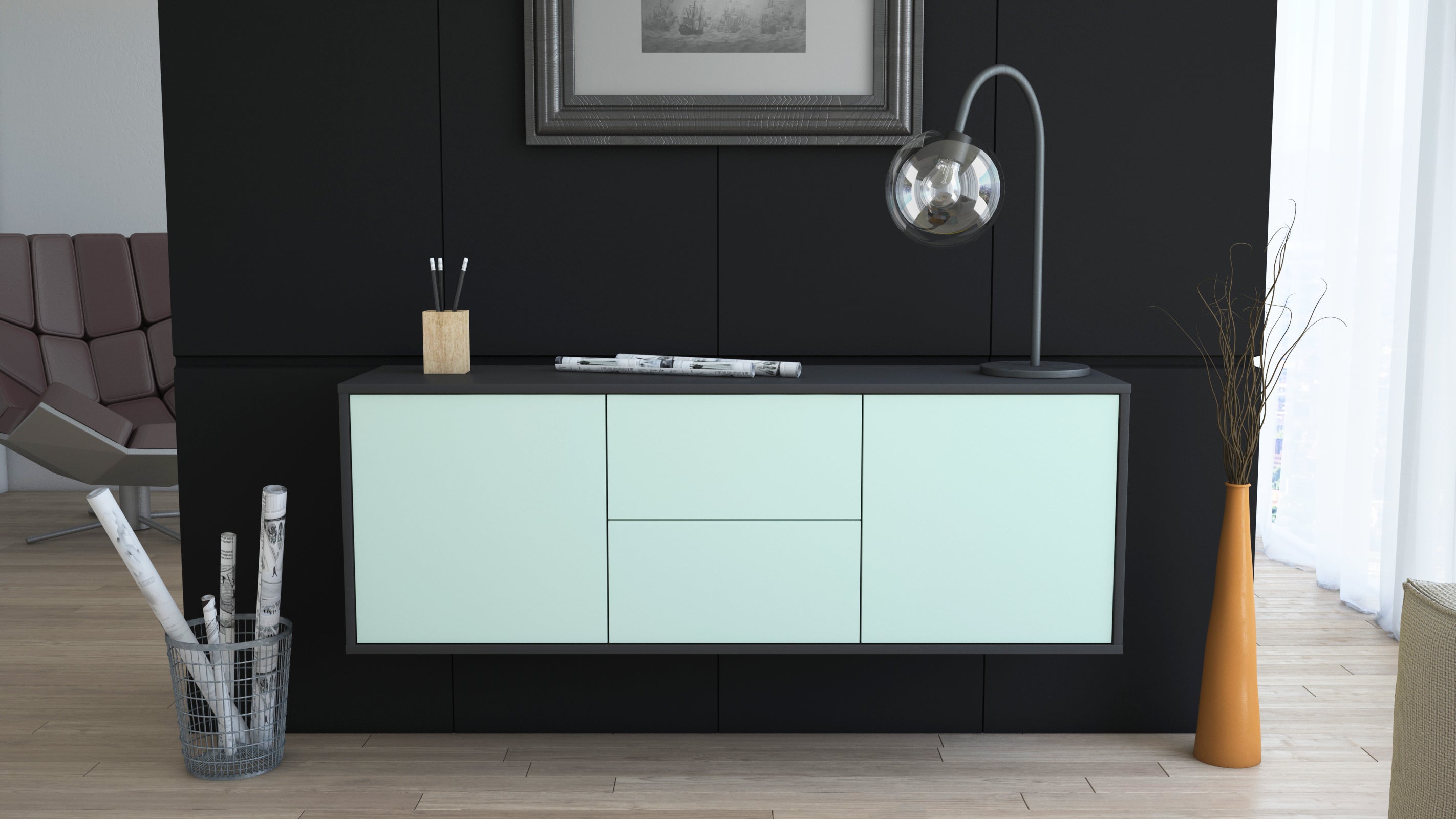 Lowboard - Alma - Design Farbakzent - Wandmontage mit Push to Open 136 cm Anthrazit