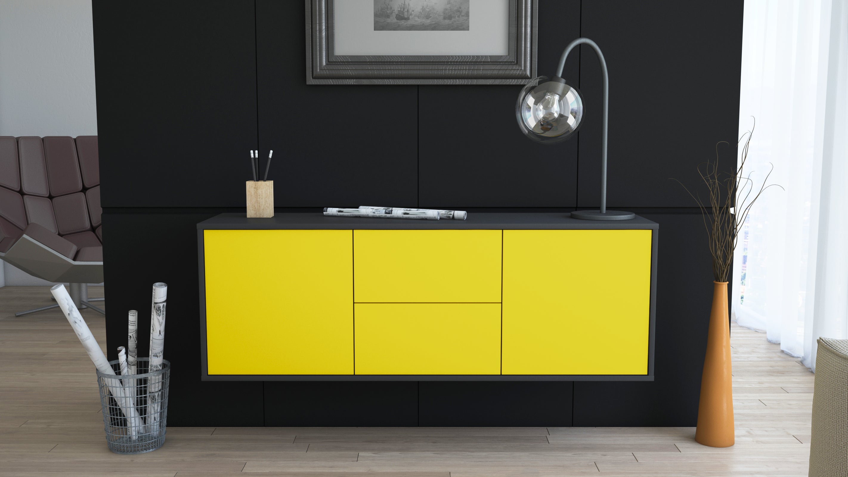 Lowboard - Alma - Design Farbakzent - Wandmontage mit Push to Open 136 cm Anthrazit