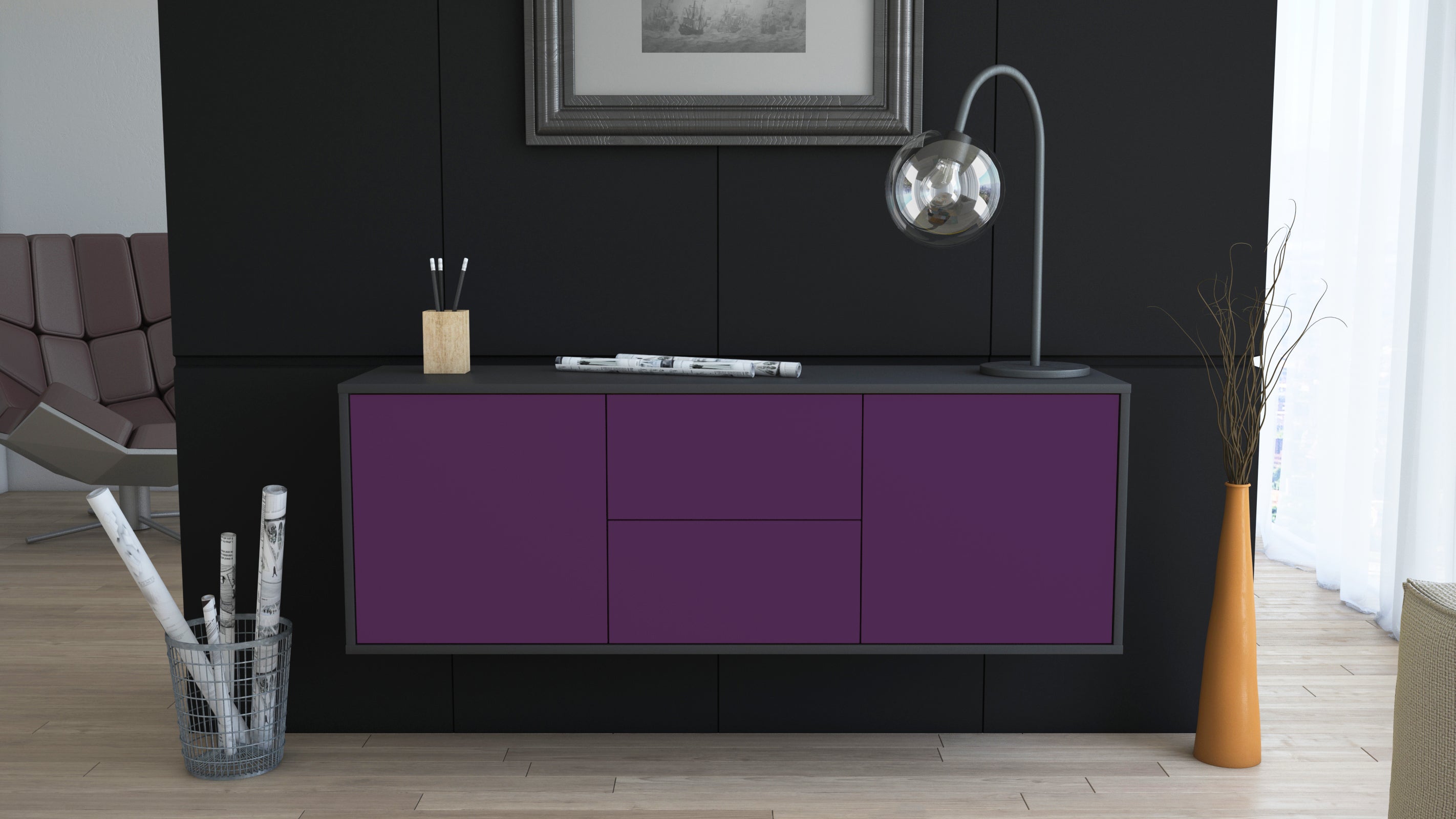 Lowboard - Alma - Design Farbakzent - Wandmontage mit Push to Open 136 cm Anthrazit
