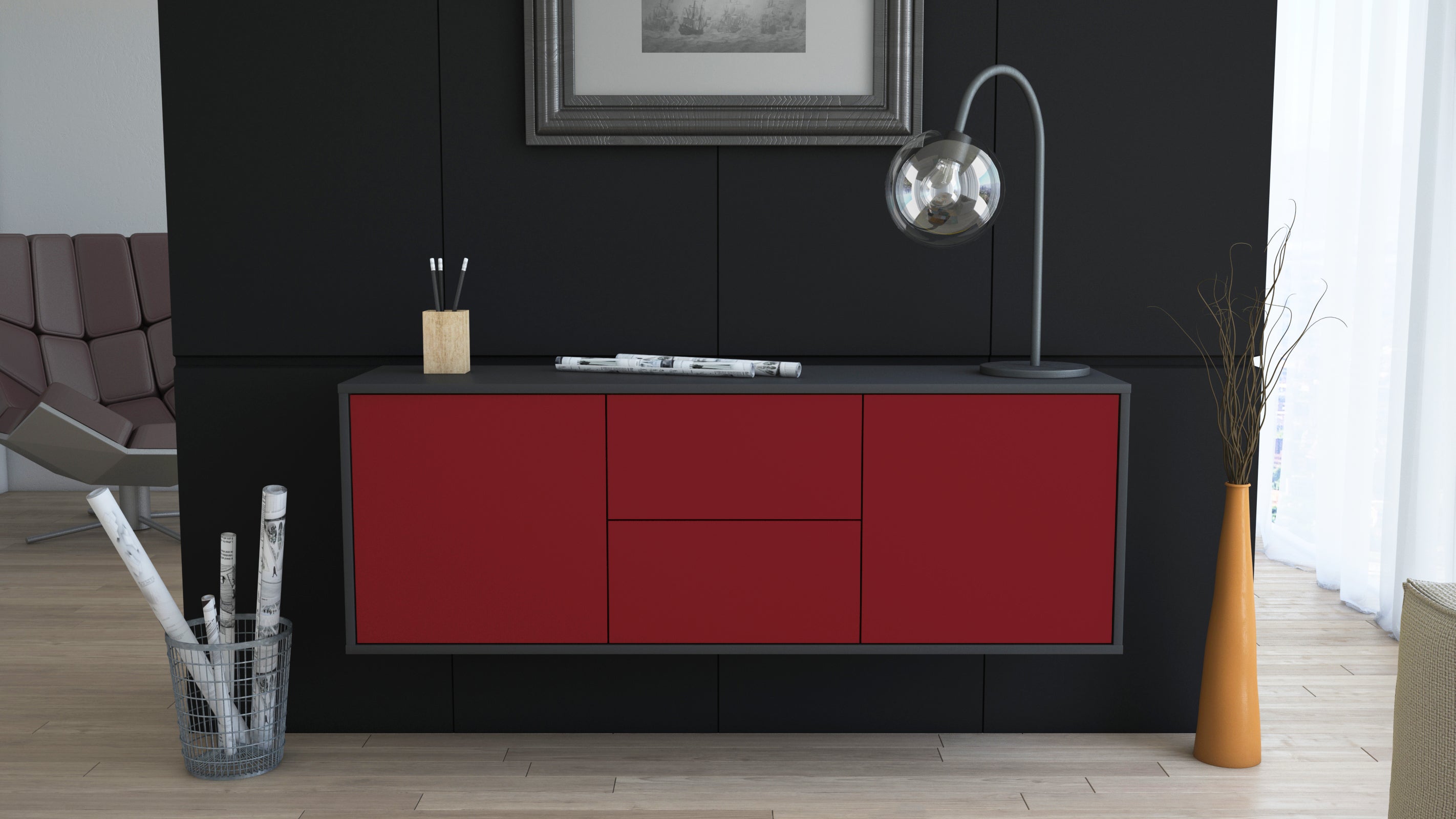 Lowboard - Alma - Design Farbakzent - Wandmontage mit Push to Open 136 cm Anthrazit