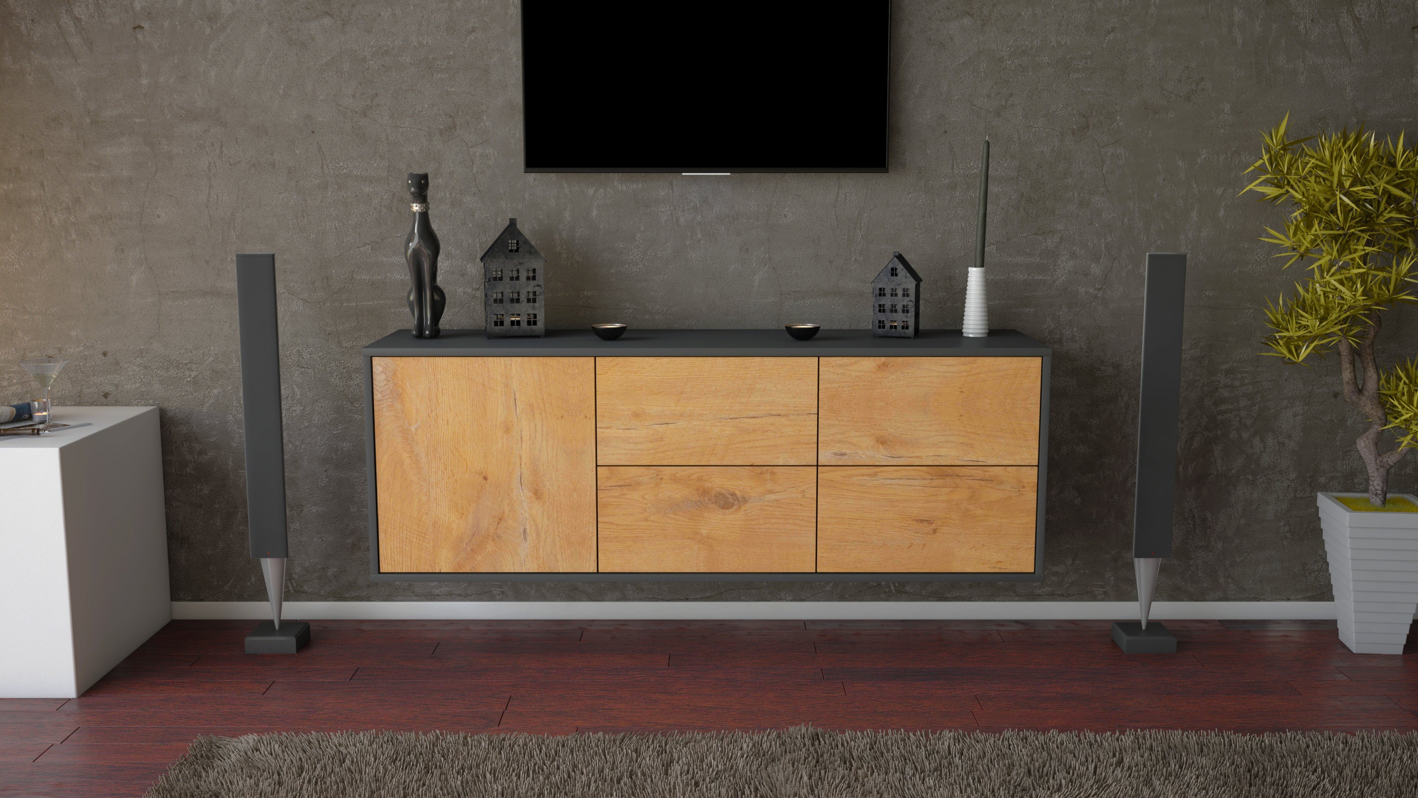 Lowboard - Aloisia - Design Holzdekor - Wandmontage mit Push to Open 136 cm Anthrazit