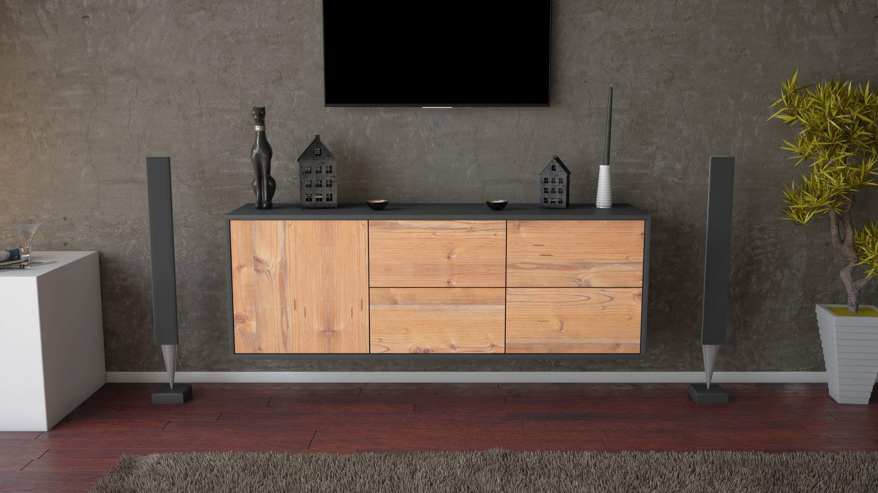 Lowboard - Aloisia - Design Holzdekor - Wandmontage mit Push to Open 136 cm Anthrazit