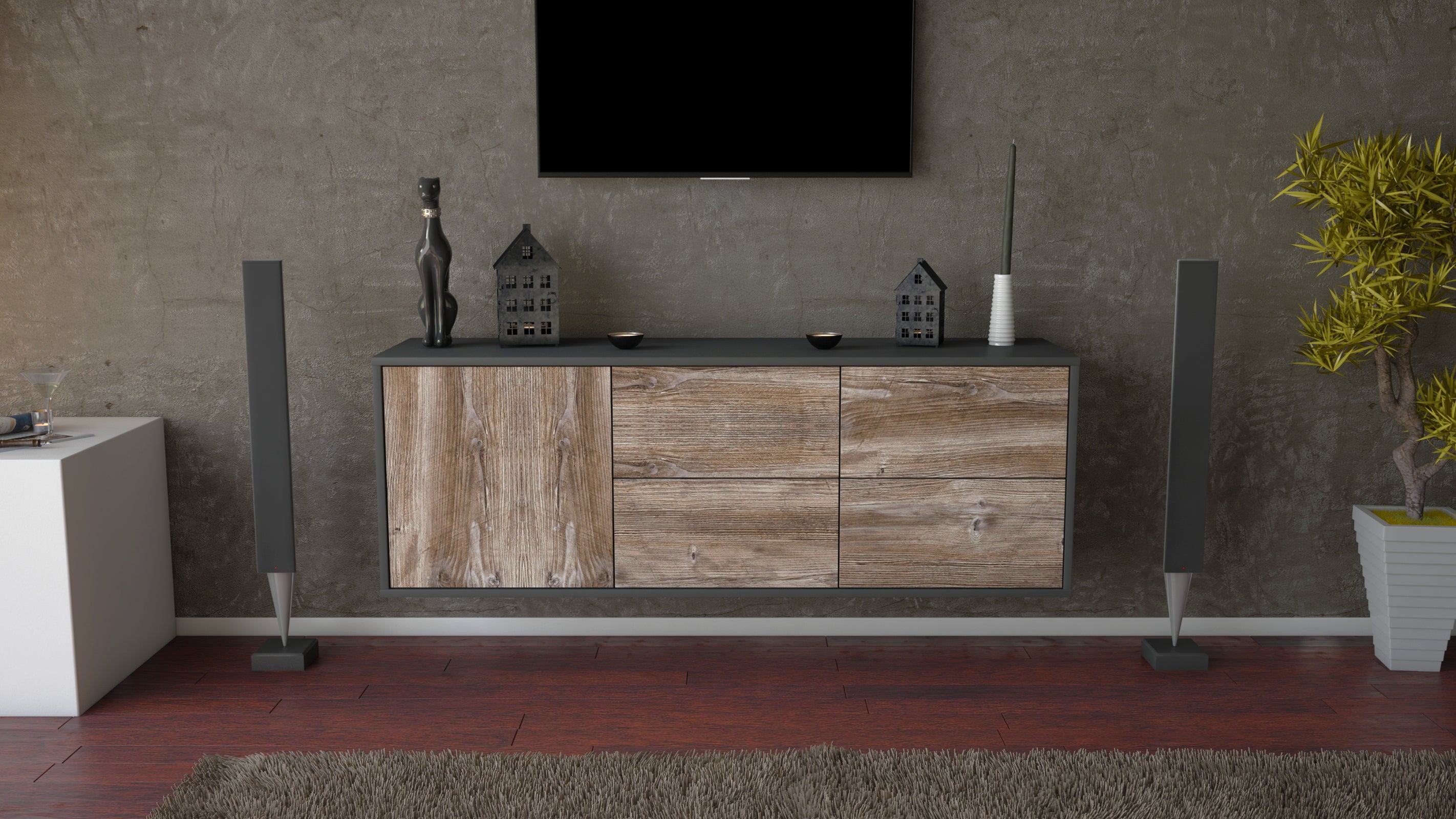Lowboard - Aloisia - Design Holzdekor - Wandmontage mit Push to Open 136 cm Anthrazit