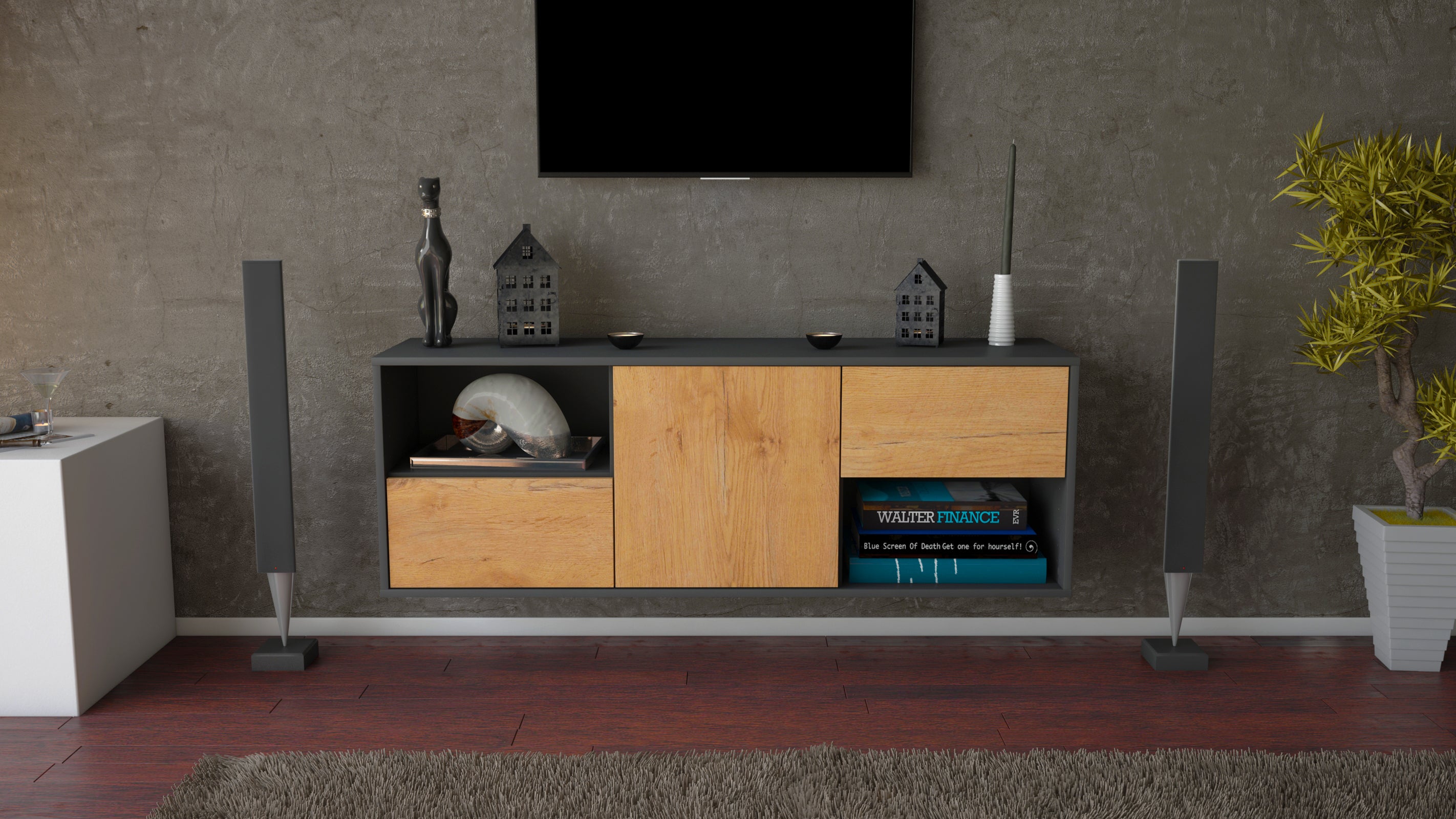 Lowboard - Ambra - Design Holzdekor - Wandmontage mit Push to Open 136 cm Anthrazit