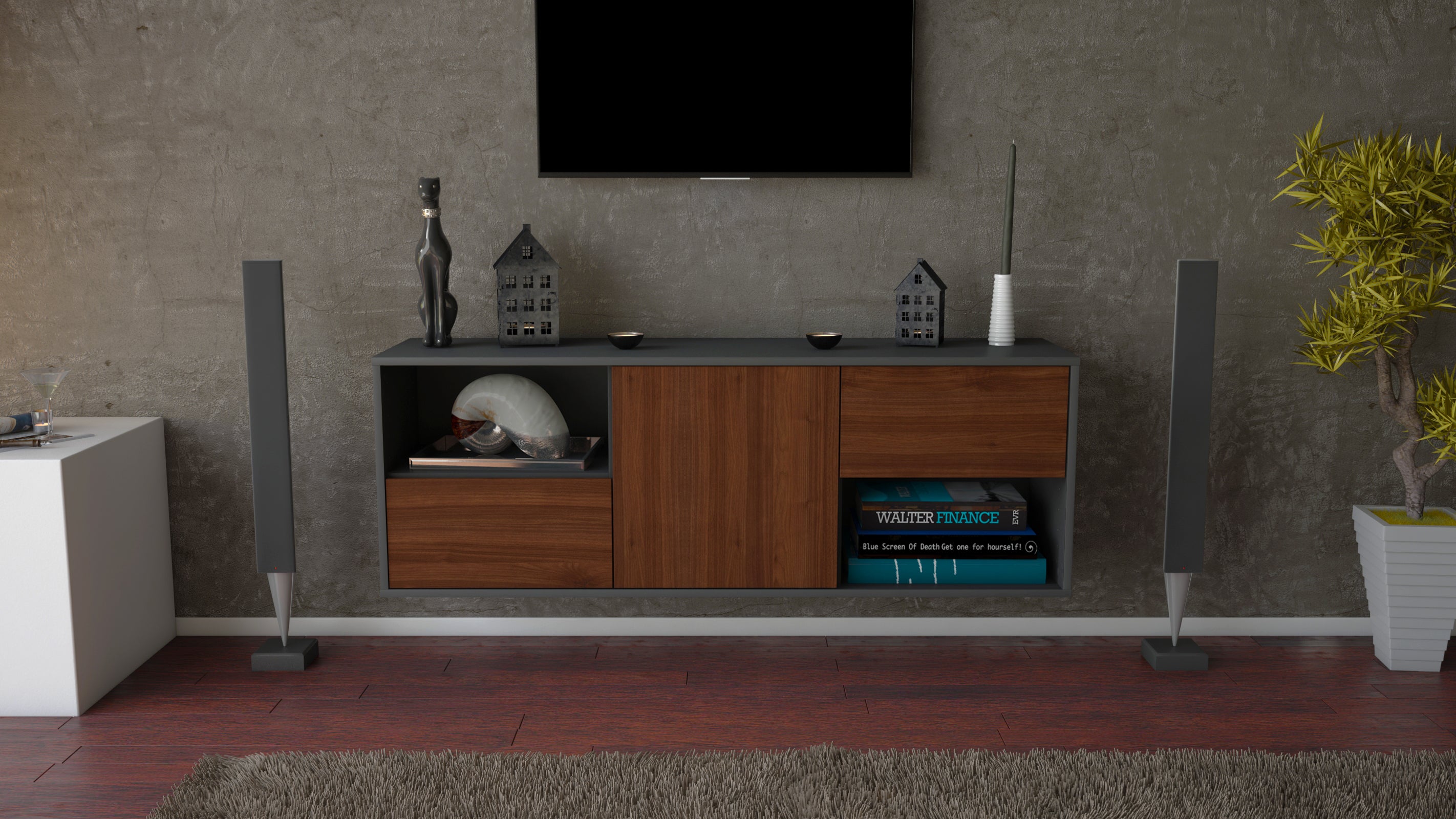 Lowboard - Ambra - Design Holzdekor - Wandmontage mit Push to Open 136 cm Anthrazit