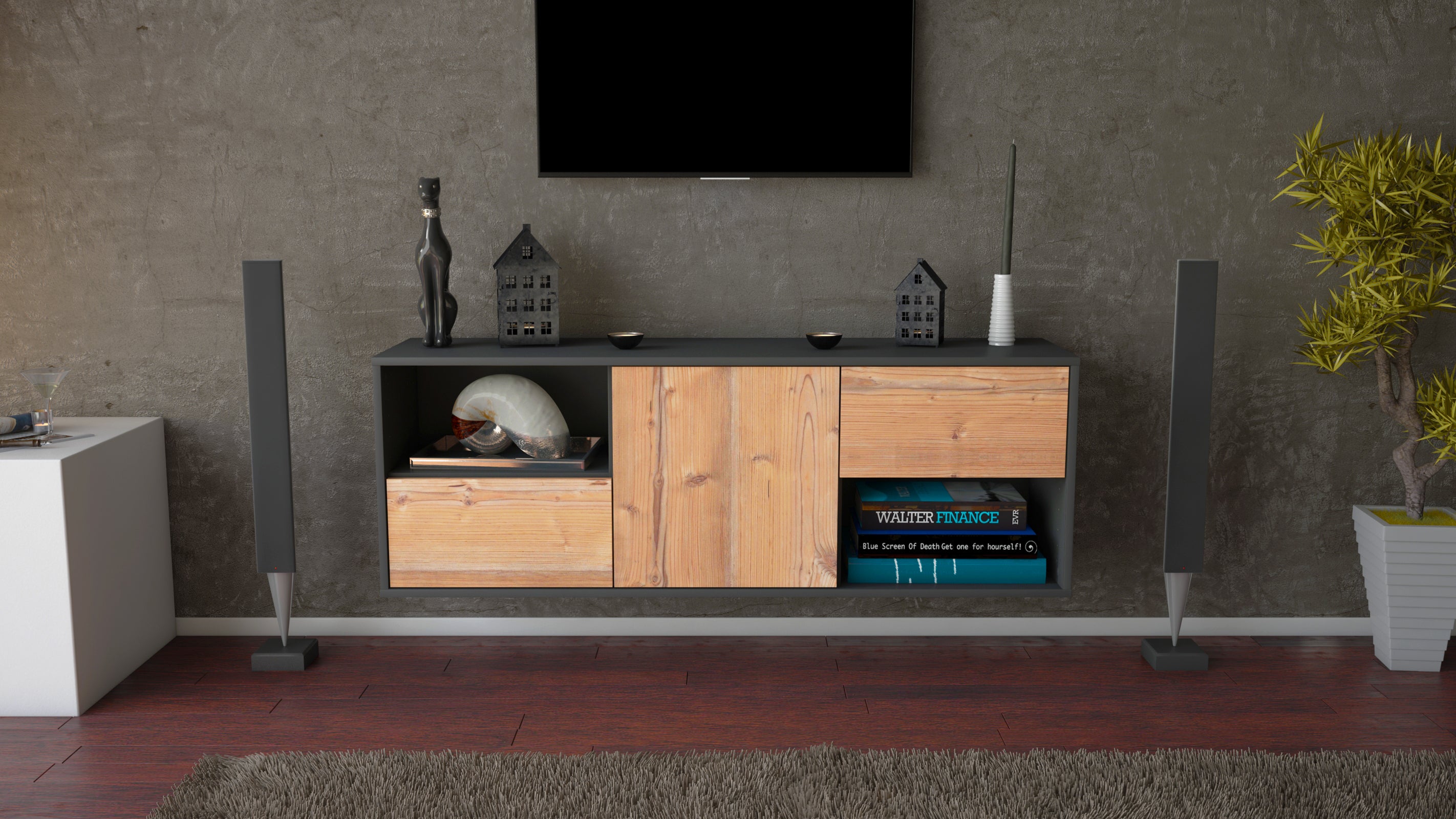 Lowboard - Ambra - Design Holzdekor - Wandmontage mit Push to Open 136 cm Anthrazit