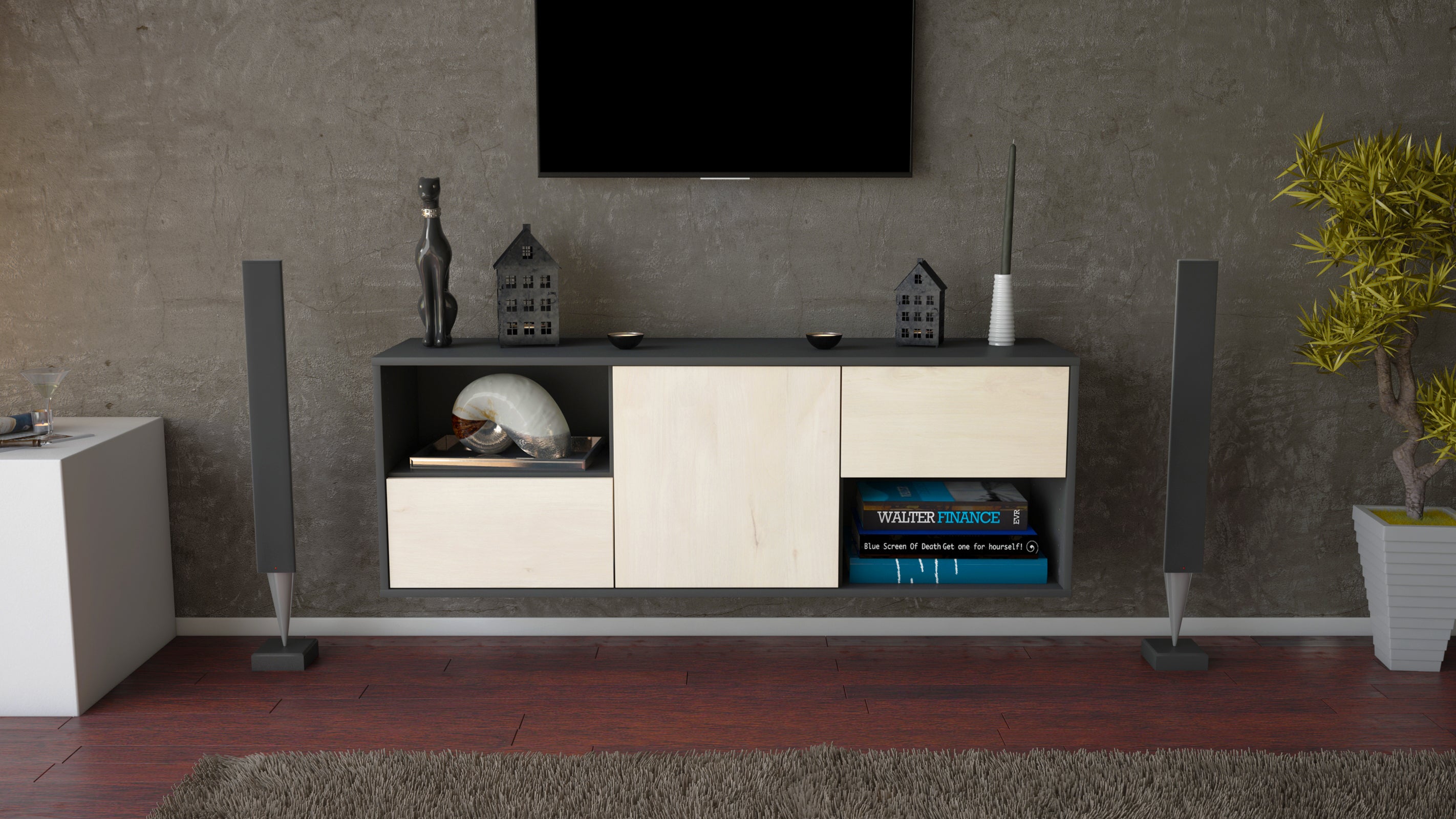 Lowboard - Ambra - Design Holzdekor - Wandmontage mit Push to Open 136 cm Anthrazit