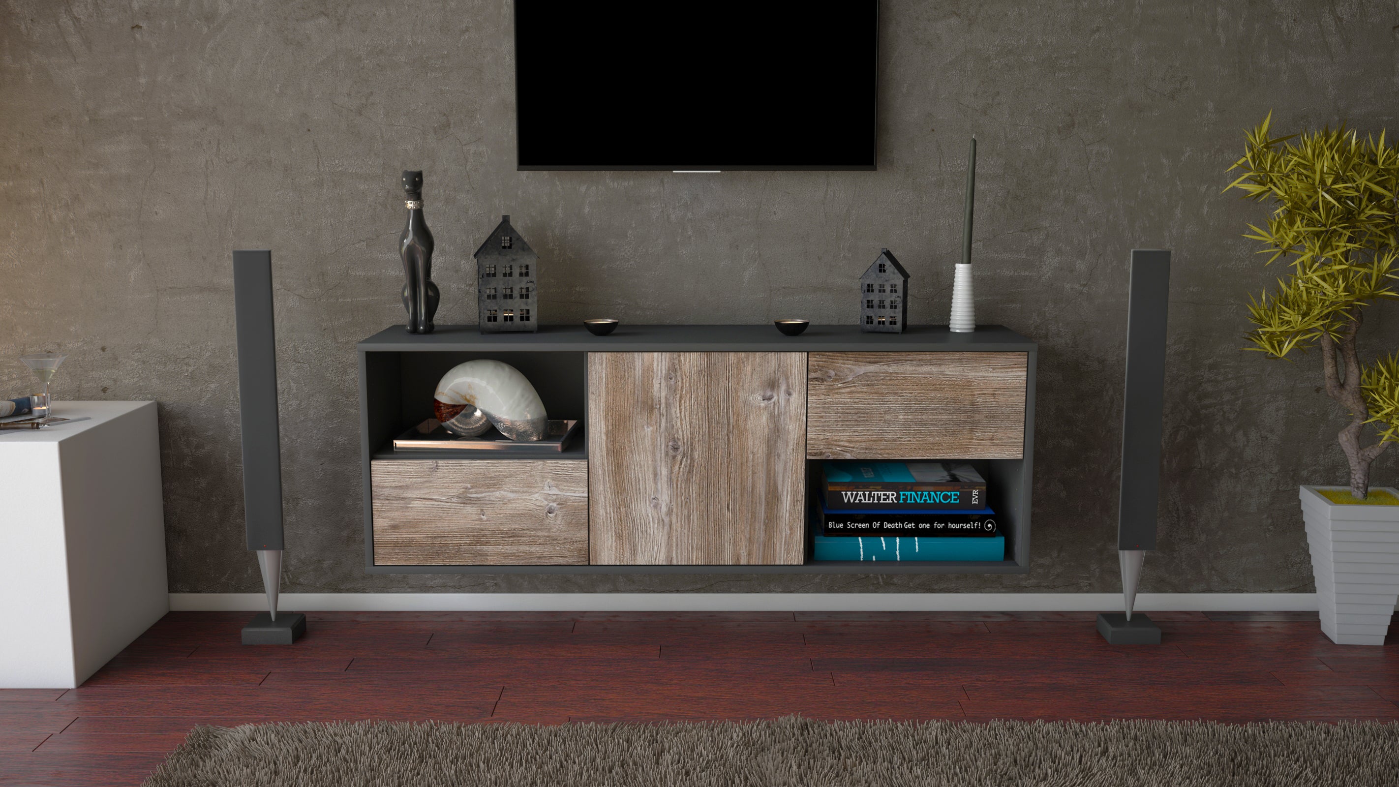 Lowboard - Ambra - Design Holzdekor - Wandmontage mit Push to Open 136 cm Anthrazit