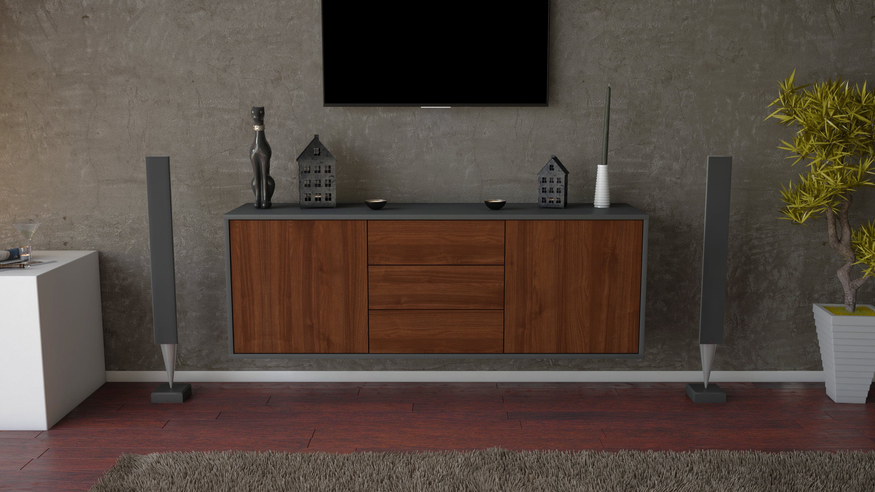 Lowboard - Ameline - Design Holzdekor - Wandmontage mit Push to Open 136 cm Anthrazit