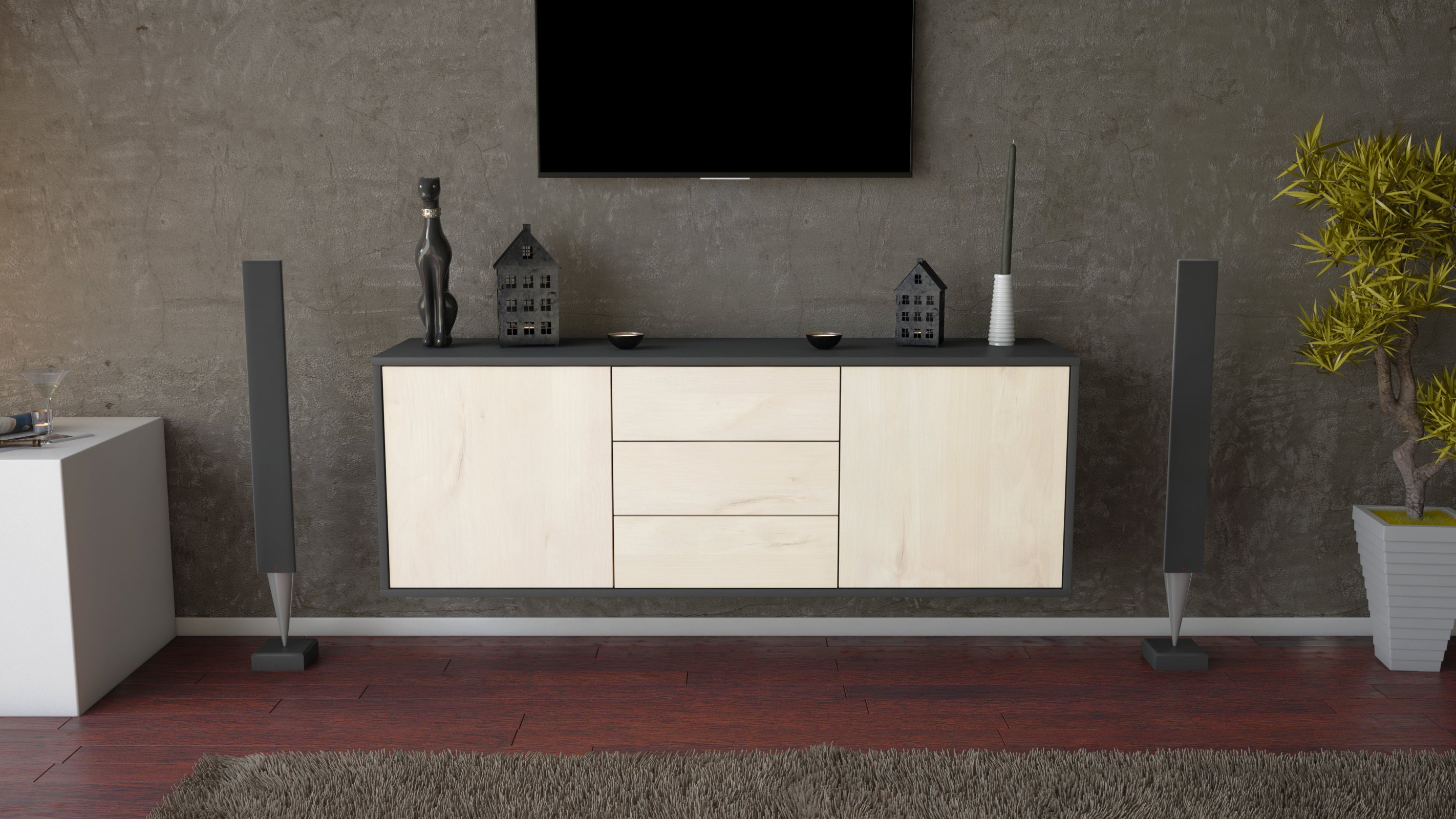 Lowboard - Ameline - Design Holzdekor - Wandmontage mit Push to Open 136 cm Anthrazit