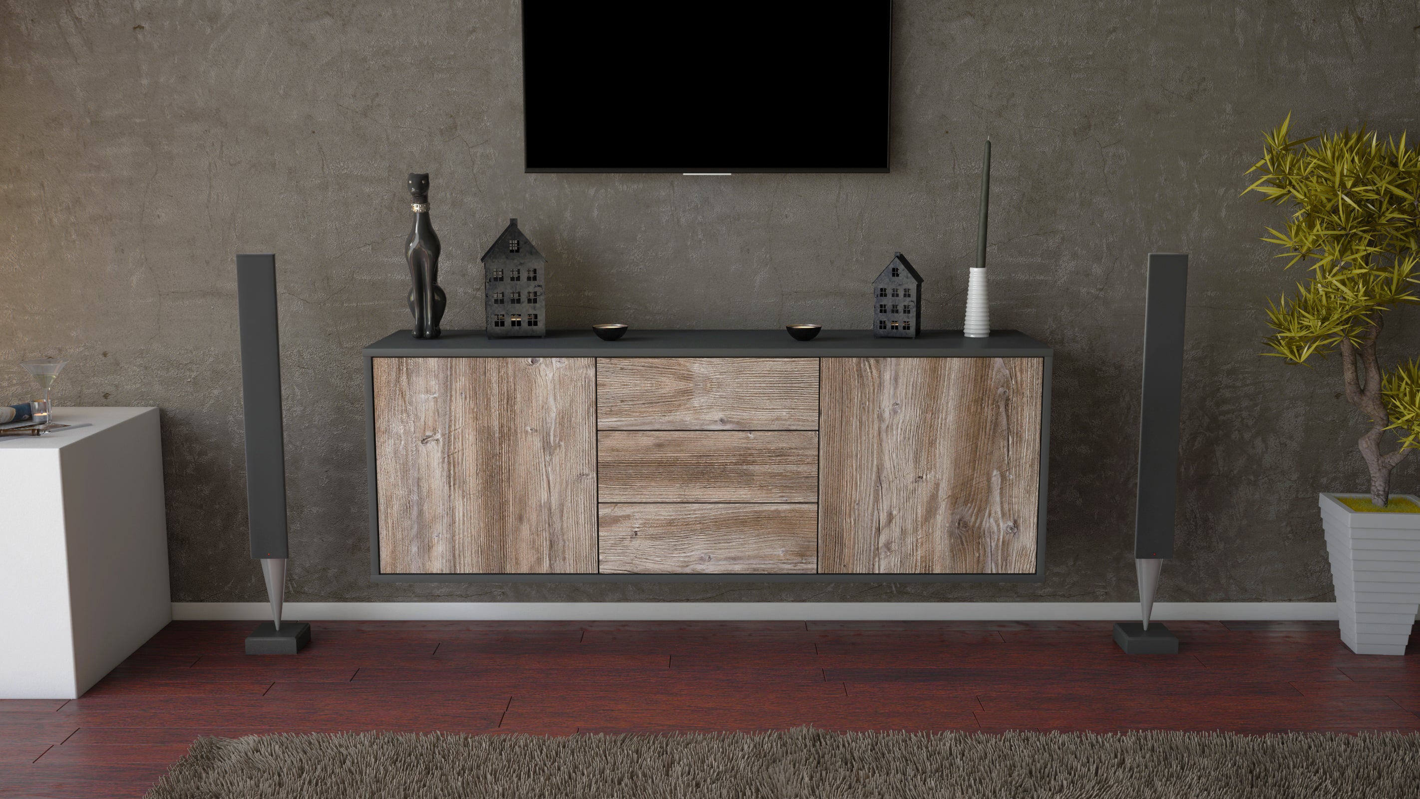 Lowboard - Ameline - Design Holzdekor - Wandmontage mit Push to Open 136 cm Anthrazit