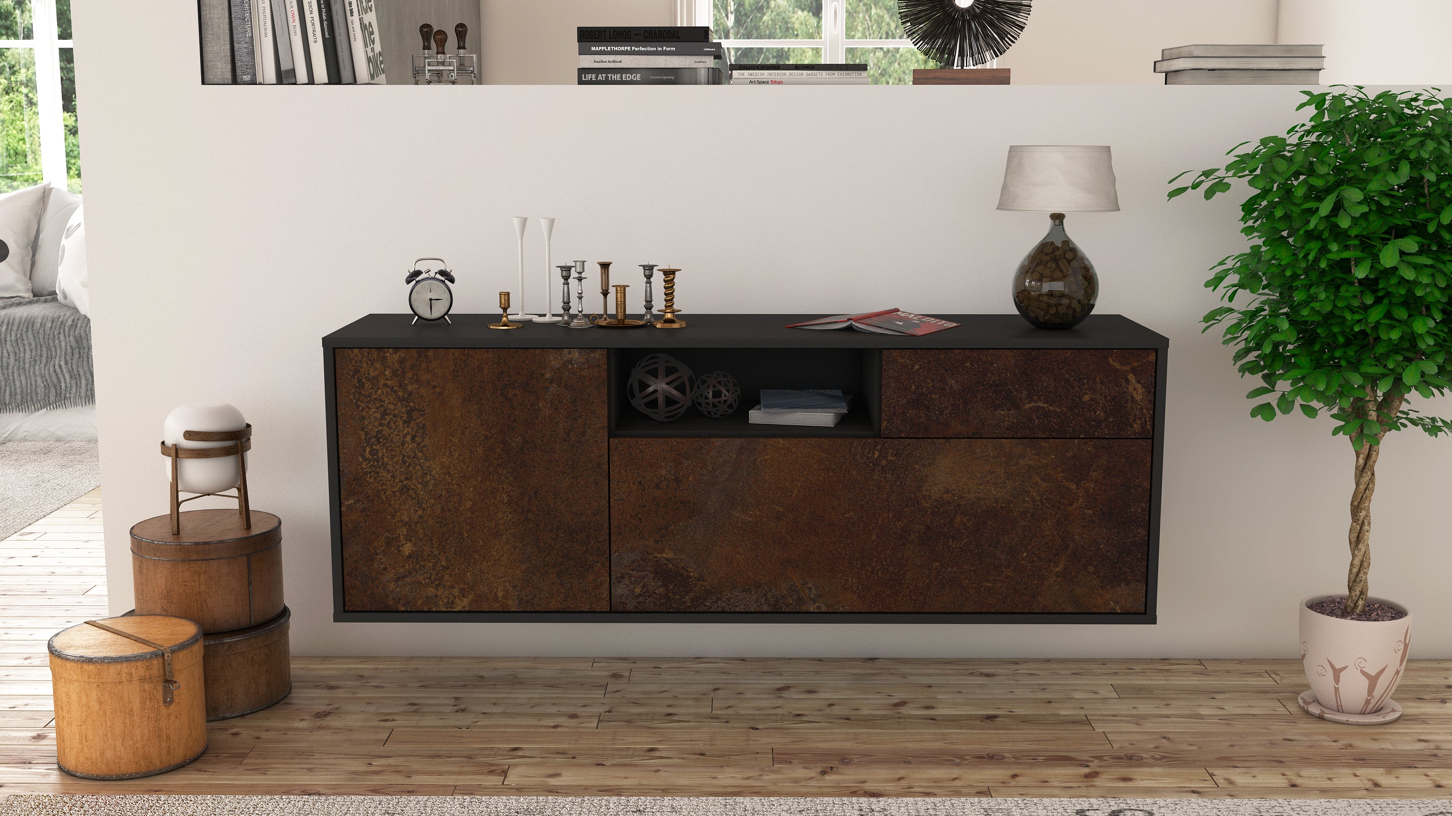 Lowboard - Amila - Design Industrie Stil - Wandmontage mit Push to Open 136 cm Anthrazit