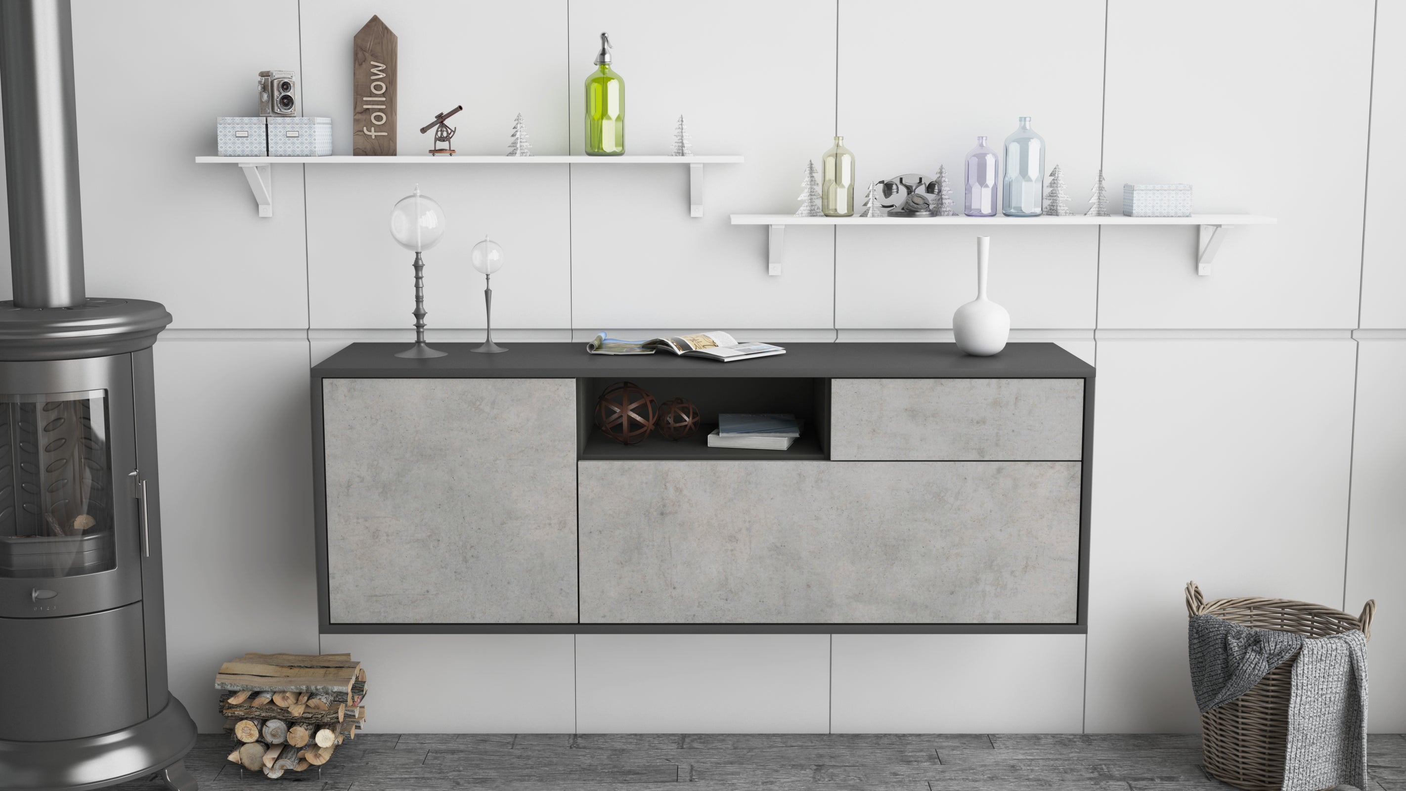 Lowboard - Amila - Design Industrie Stil - Wandmontage mit Push to Open 136 cm Anthrazit