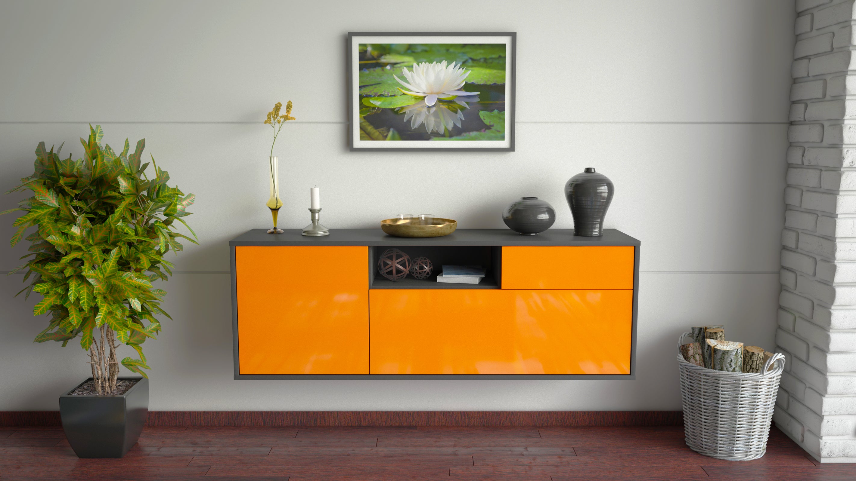 Lowboard - Amila - Design Hochglanz - Wandmontage mit Push to Open 136 cm Anthrazit