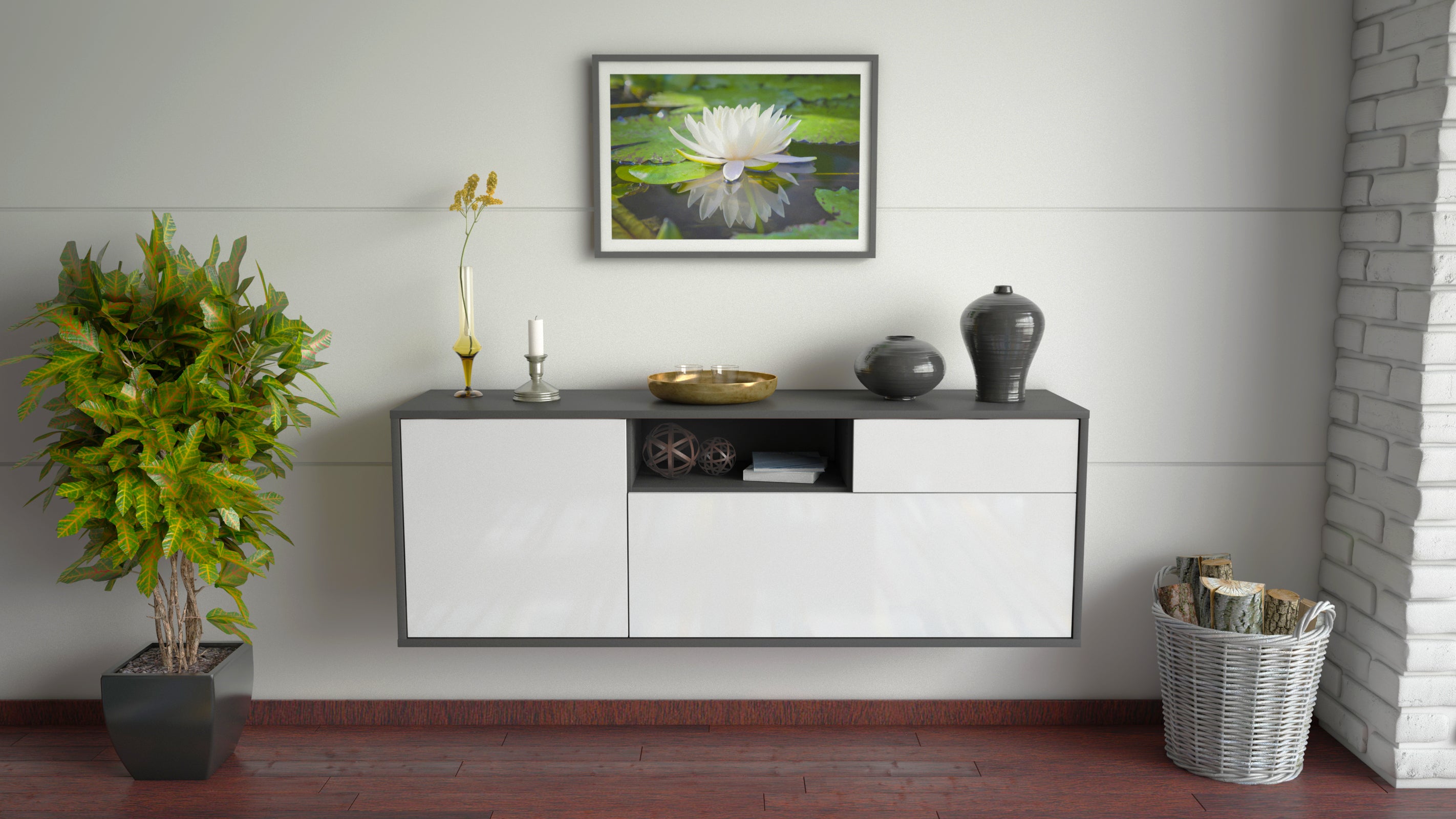 Lowboard - Amila - Design Hochglanz - Wandmontage mit Push to Open 136 cm Anthrazit
