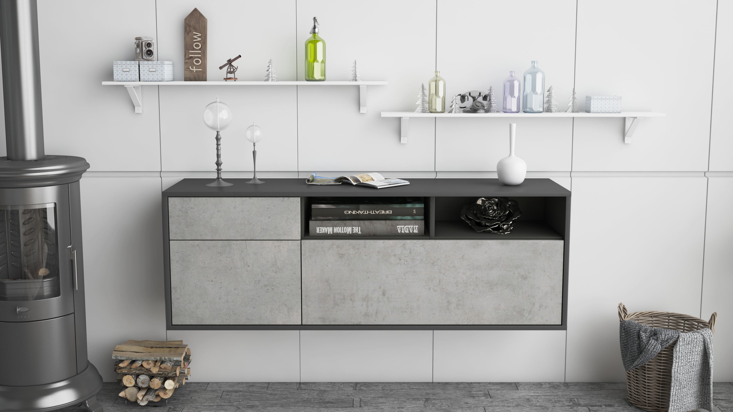 Lowboard - Amisa - Design Industrie Stil - Wandmontage mit Push to Open 136 cm Anthrazit