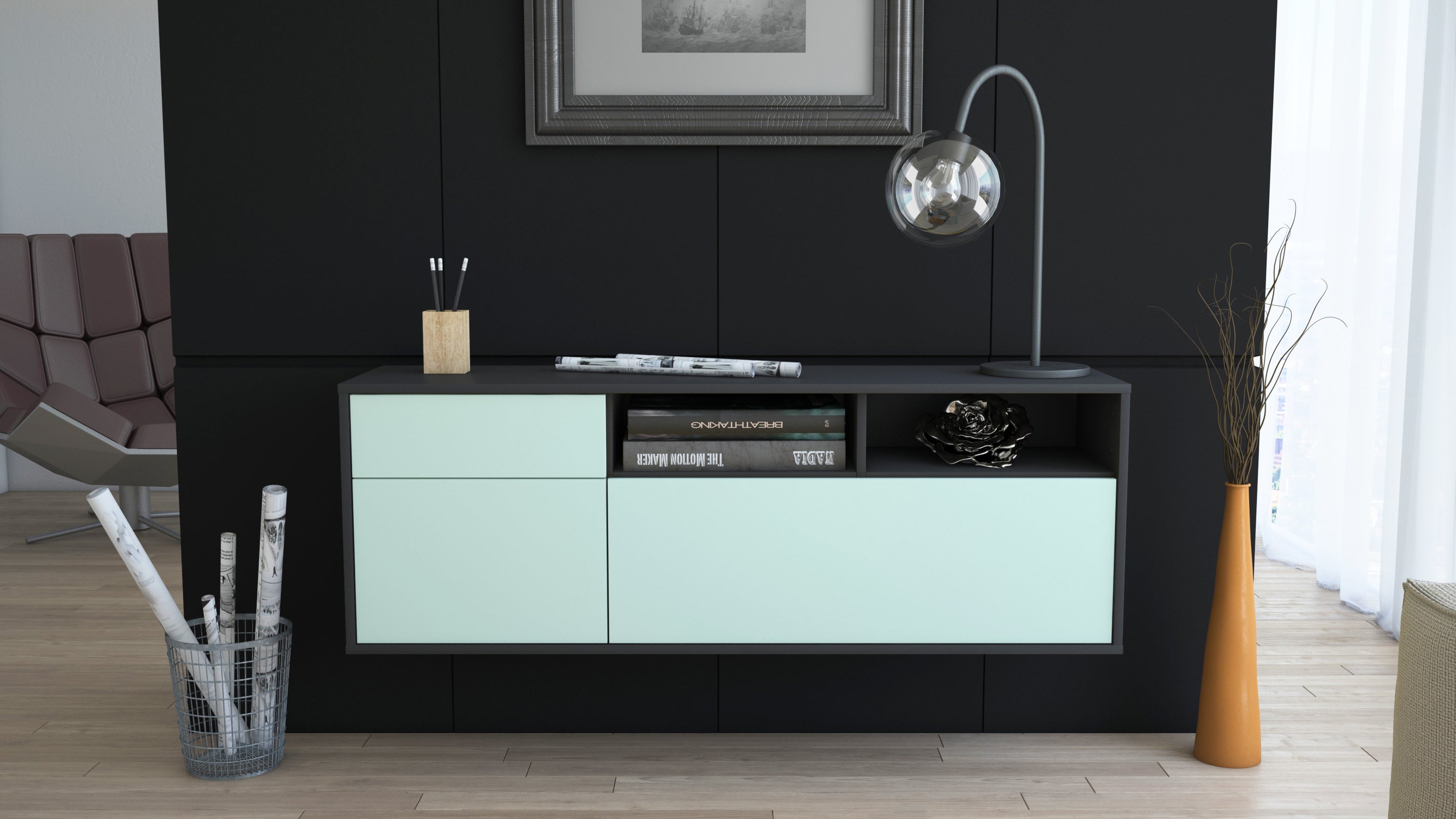 Lowboard - Amisa - Design Farbakzent - Wandmontage mit Push to Open 136 cm Anthrazit