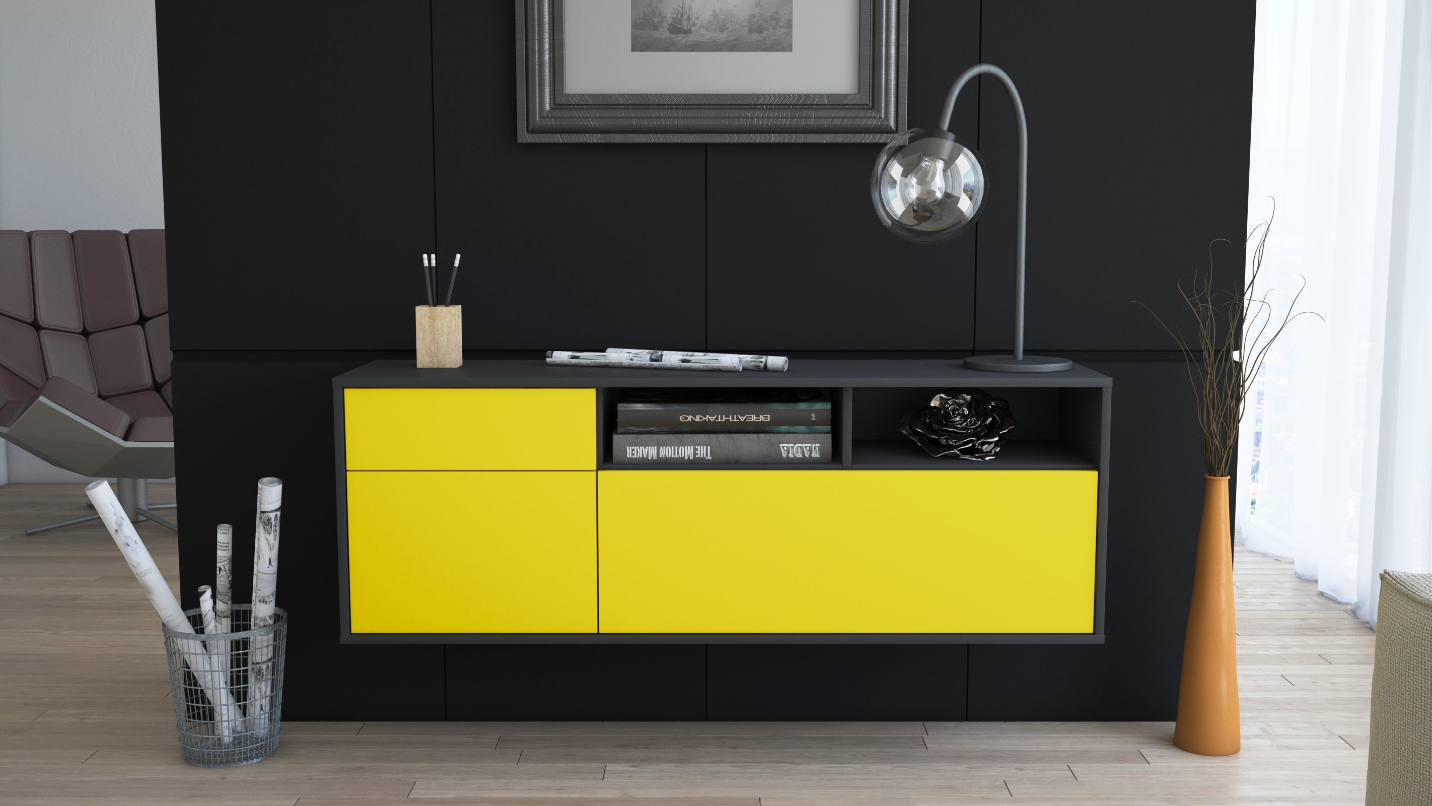 Lowboard - Amisa - Design Farbakzent - Wandmontage mit Push to Open 136 cm Anthrazit