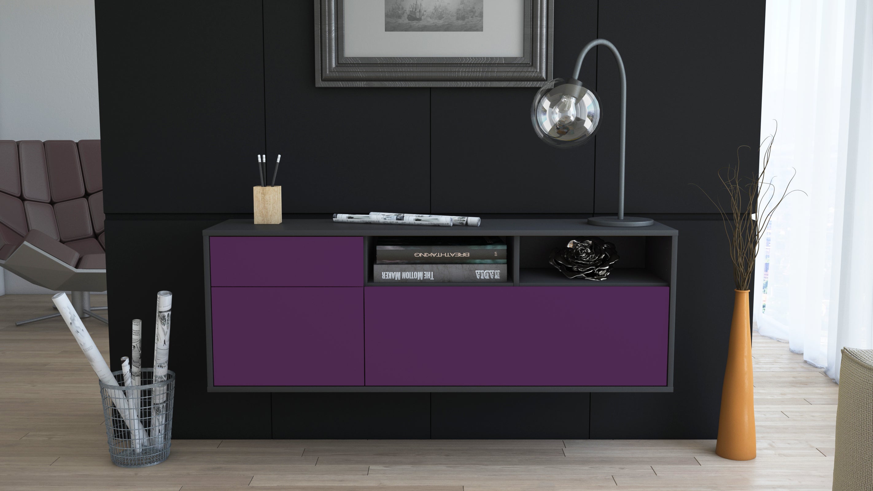 Lowboard - Amisa - Design Farbakzent - Wandmontage mit Push to Open 136 cm Anthrazit