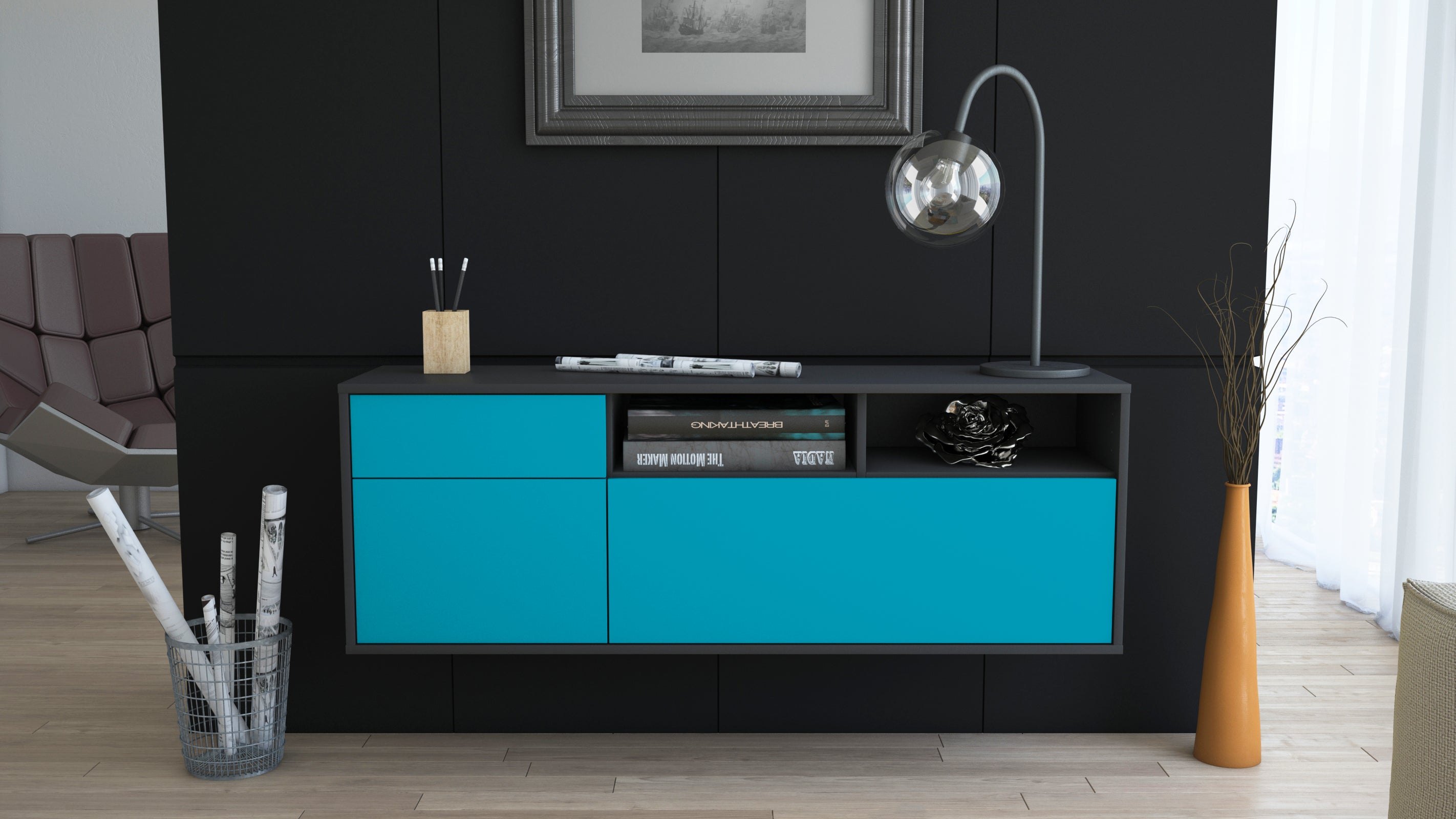 Lowboard - Amisa - Design Farbakzent - Wandmontage mit Push to Open 136 cm Anthrazit