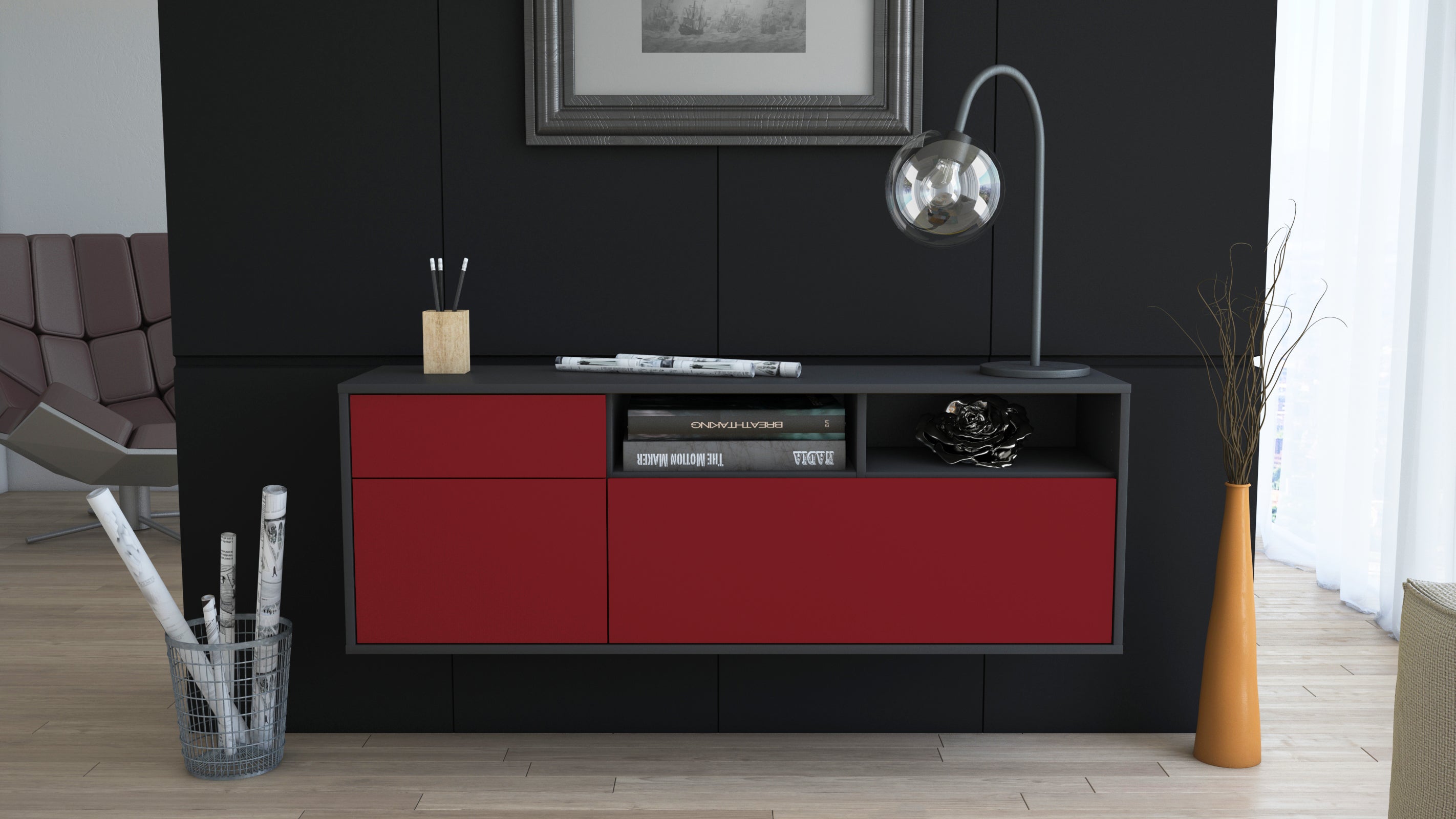 Lowboard - Amisa - Design Farbakzent - Wandmontage mit Push to Open 136 cm Anthrazit