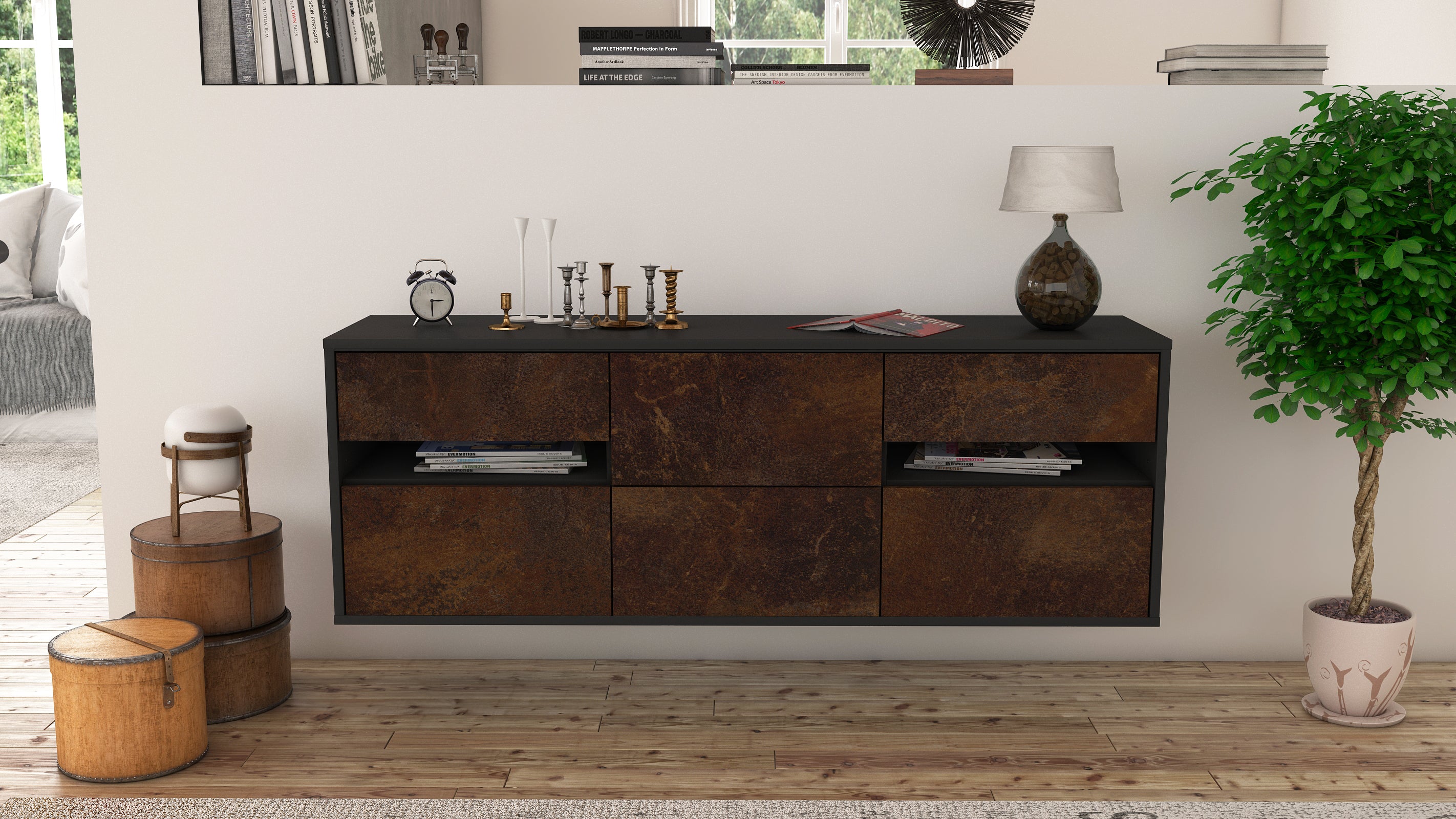 Lowboard - Andreana - Design Industrie Stil - Wandmontage mit Push to Open 136 cm Anthrazit