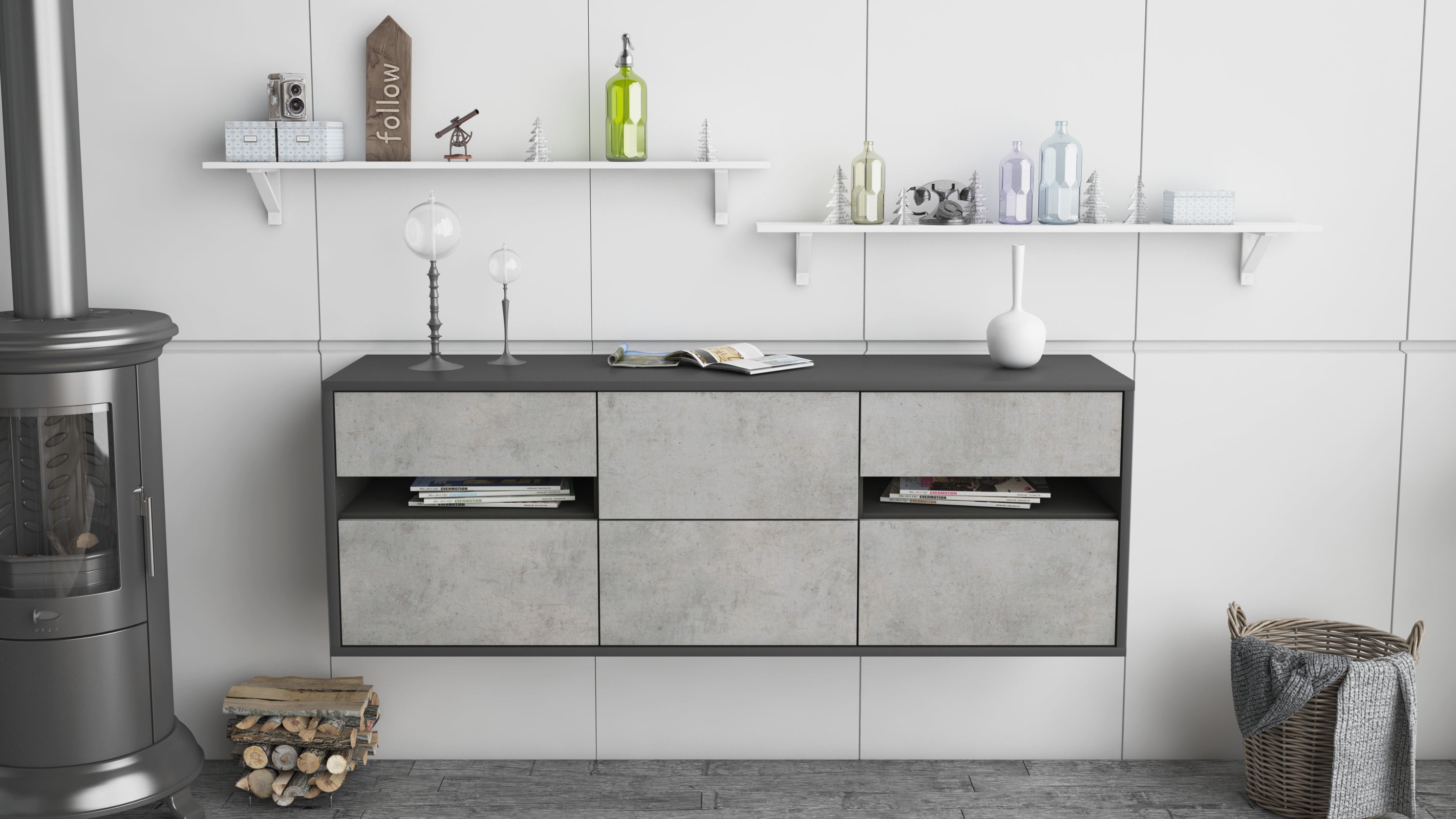 Lowboard - Andreana - Design Industrie Stil - Wandmontage mit Push to Open 136 cm Anthrazit