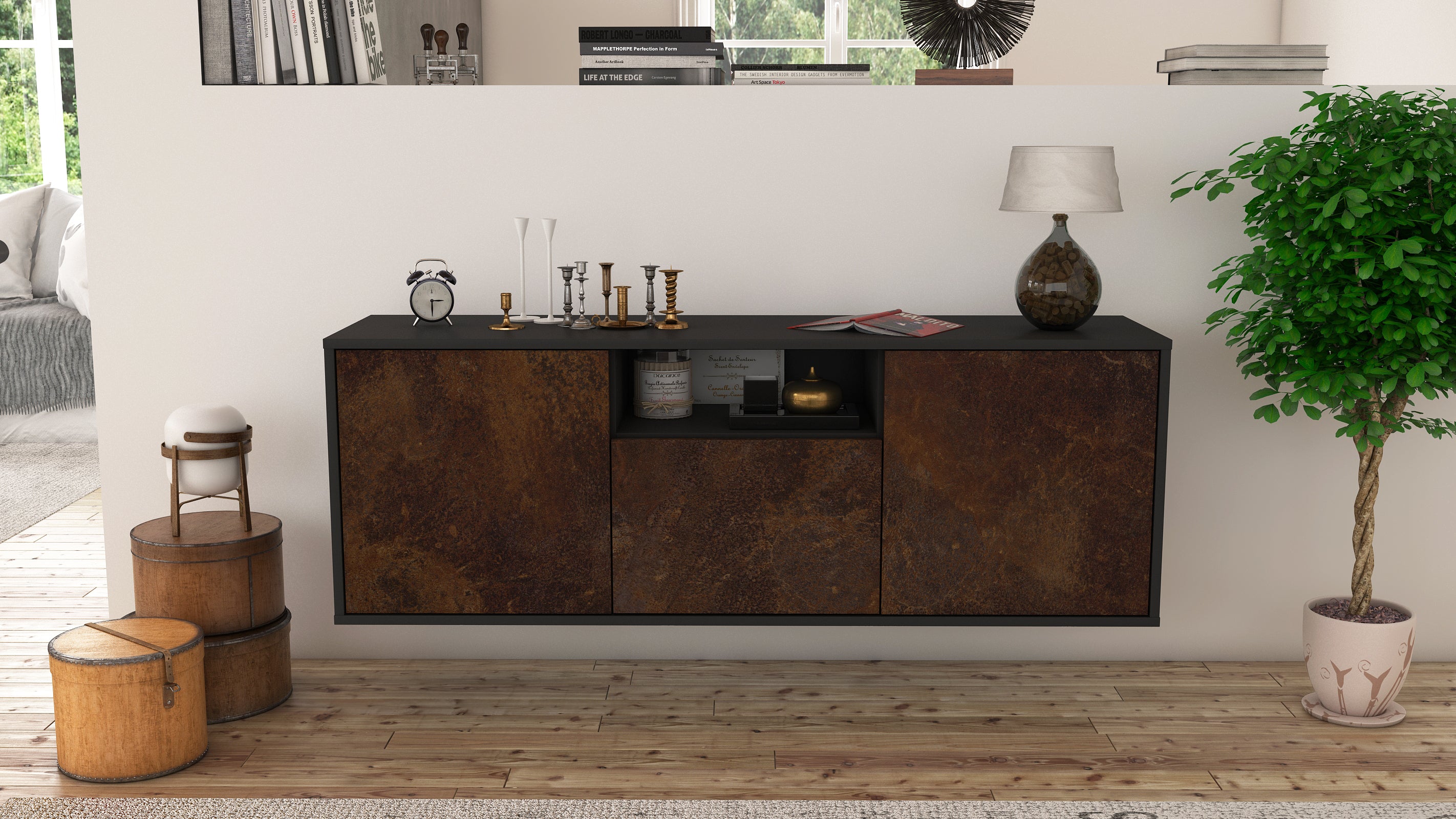 Lowboard - Andrina - Design Industrie Stil - Wandmontage mit Push to Open 136 cm Anthrazit