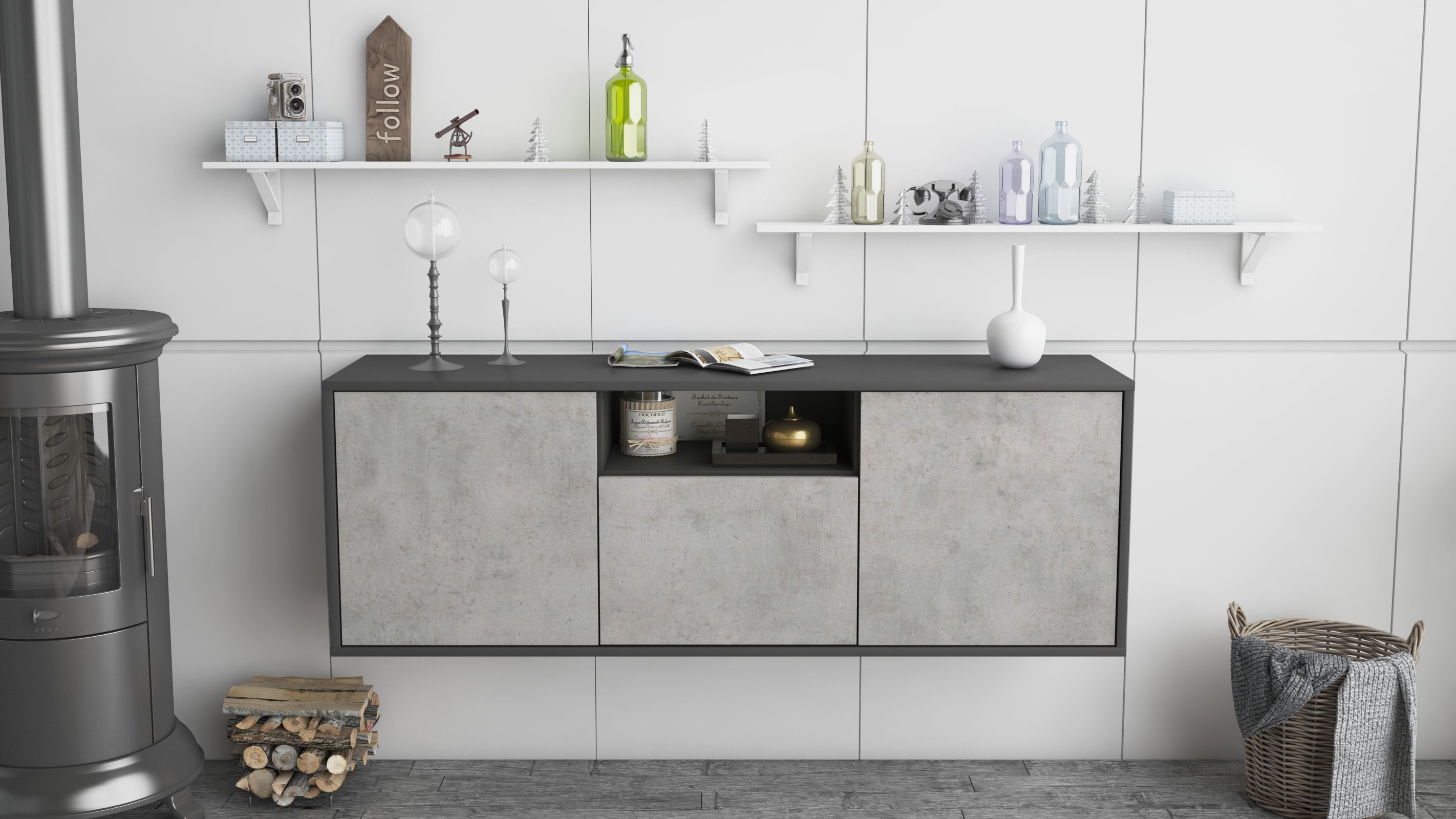 Lowboard - Andrina - Design Industrie Stil - Wandmontage mit Push to Open 136 cm Anthrazit