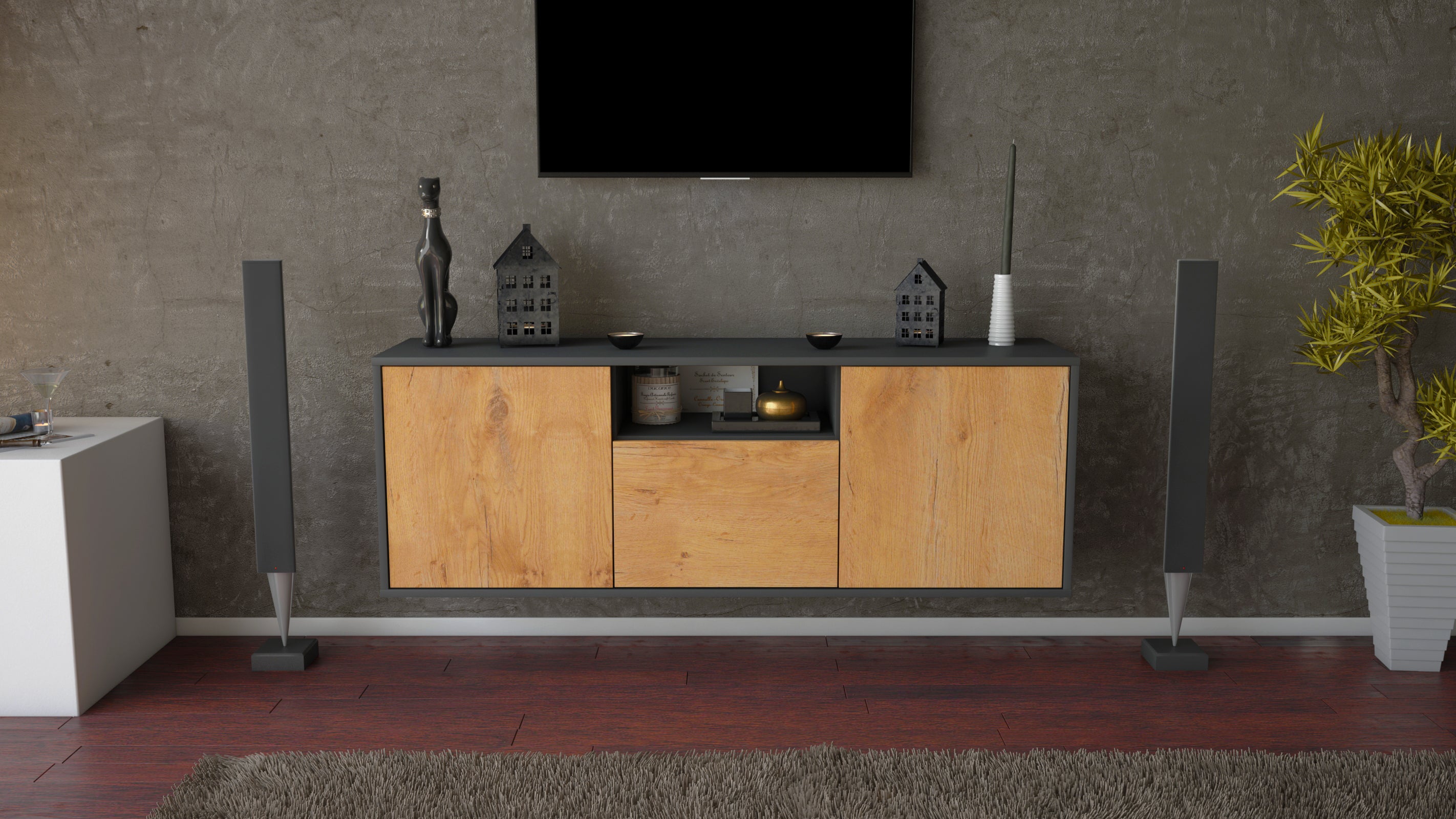 Lowboard - Andrina - Design Holzdekor - Wandmontage mit Push to Open 136 cm Anthrazit
